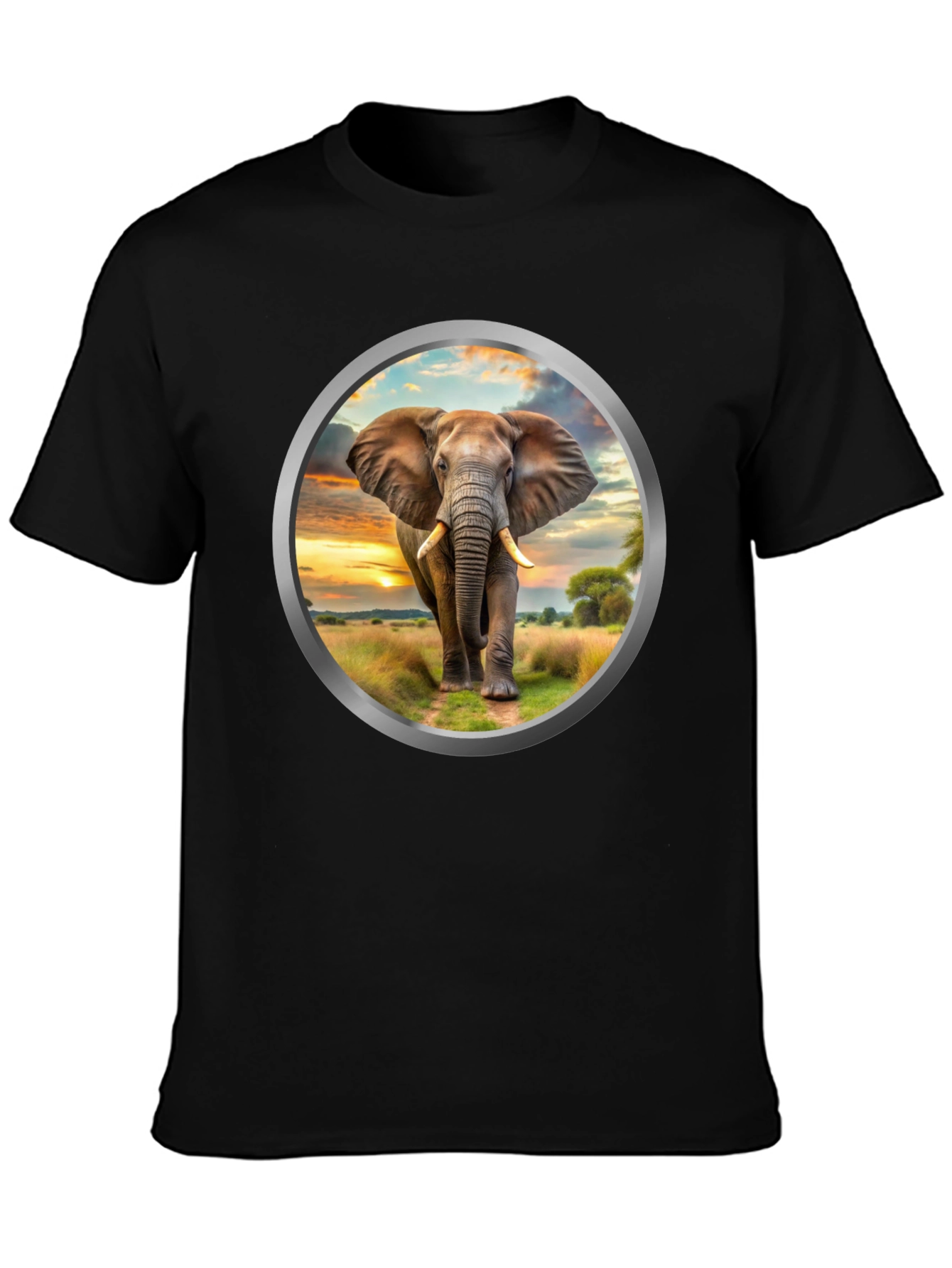 Elephant Sunset Graphic Tee - Black Cotton Blend