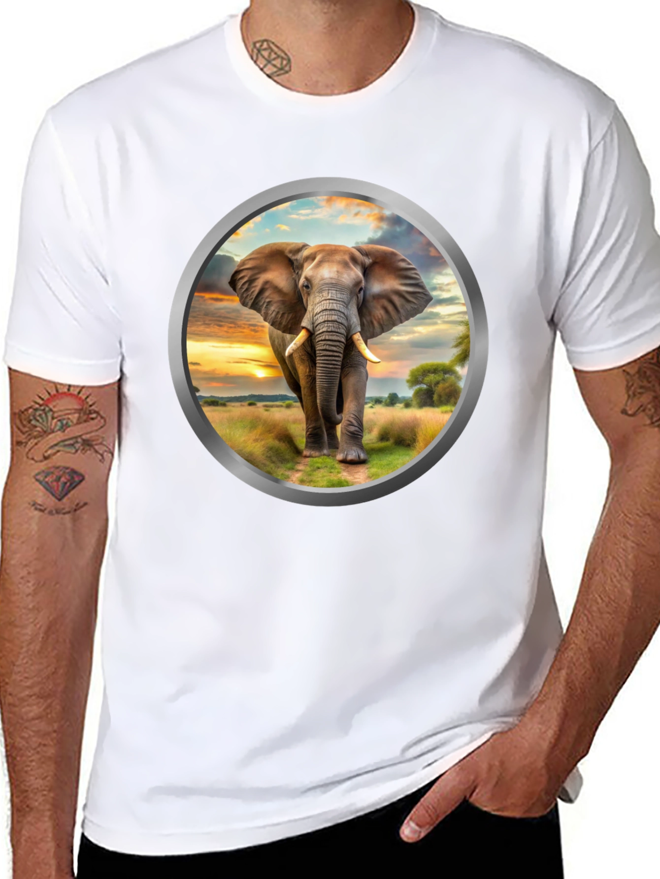 Elephant Sunset Graphic Tee - Black Cotton Blend