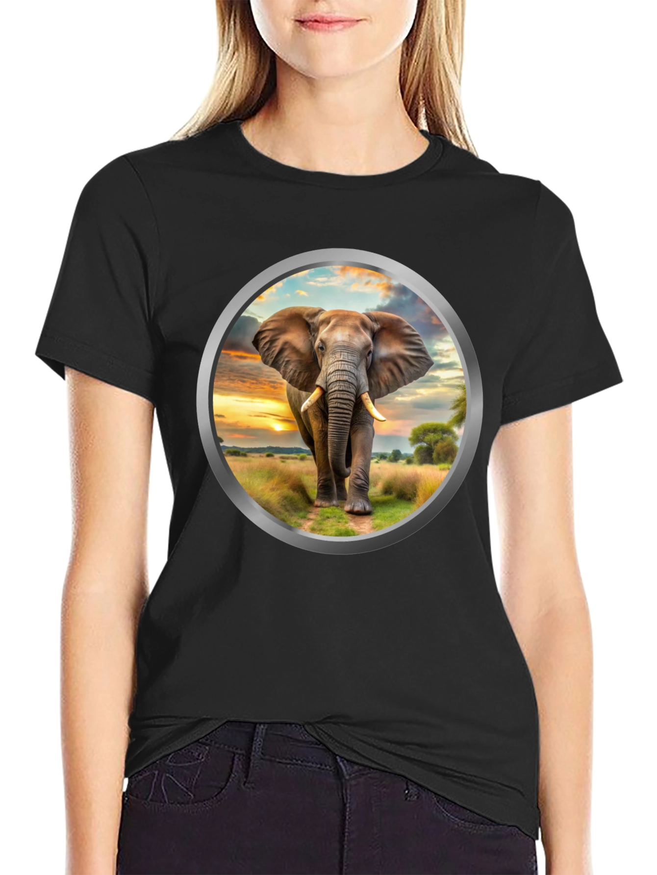 Elephant Sunset Graphic Tee - Black Cotton Blend