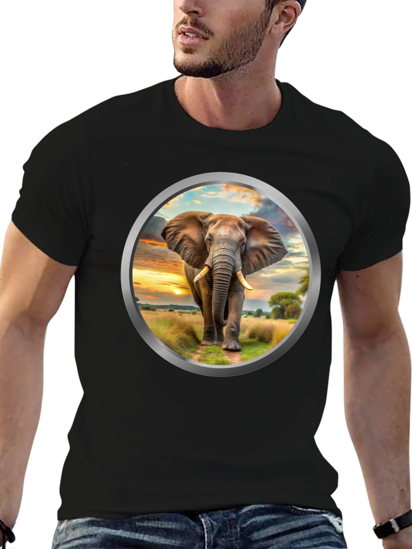 Elephant Sunset Graphic Tee - Black Cotton Blend