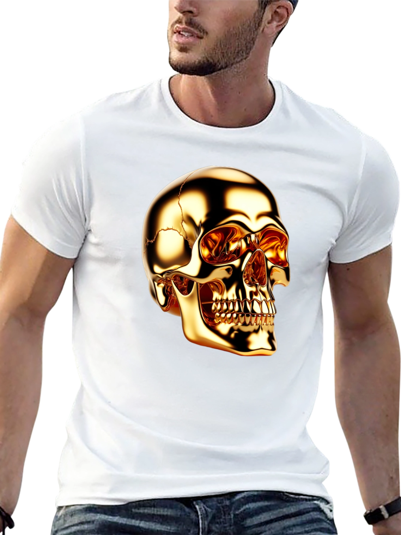 Golden Skull Graphic Print Black T-Shirt