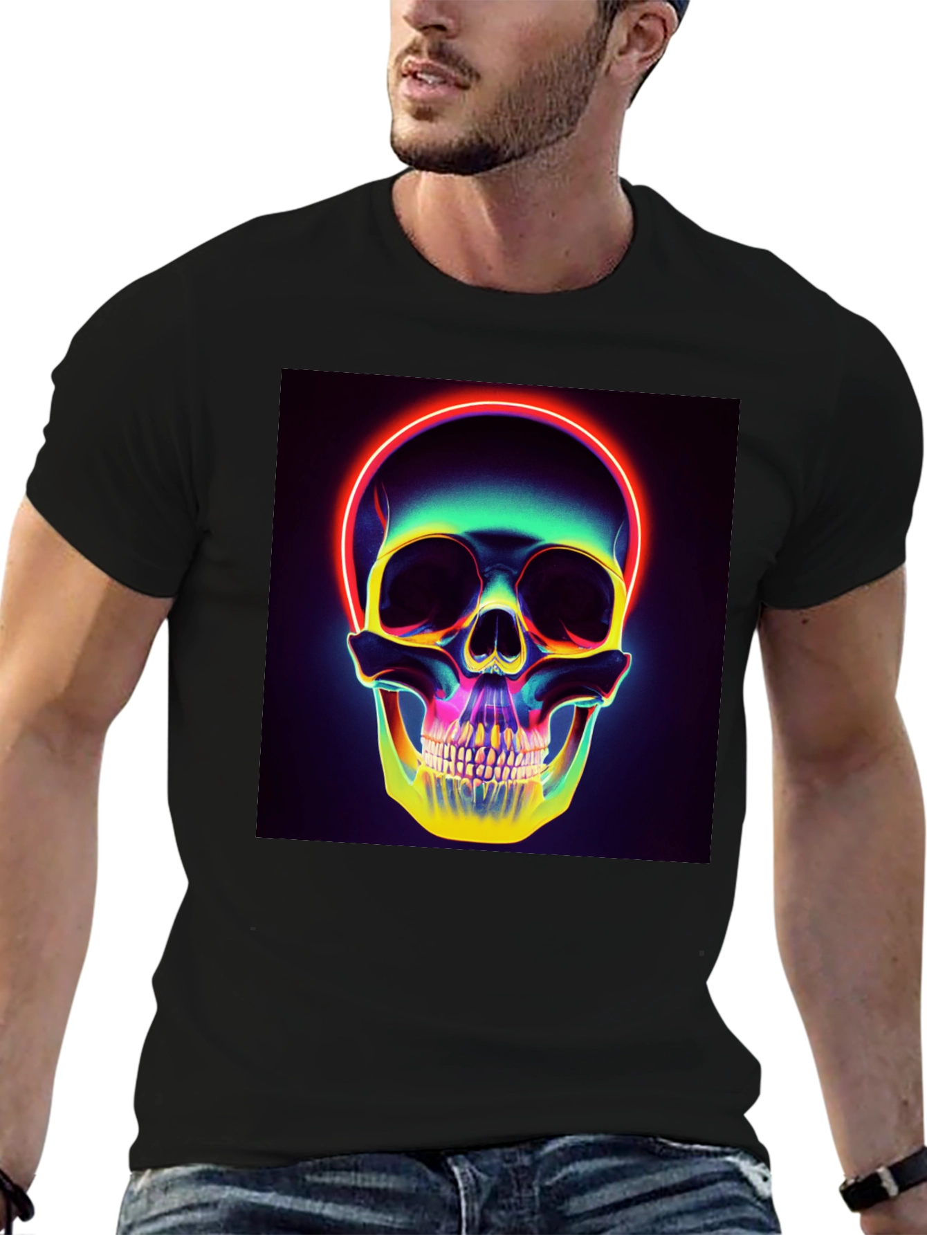 Neon Skull Graphic T-Shirt - Black Cotton Tee