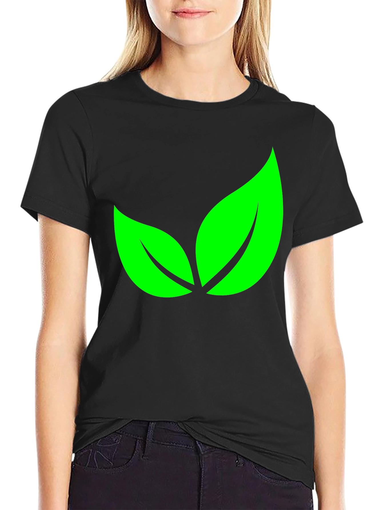 Green Leaves Graphic Black T-Shirt