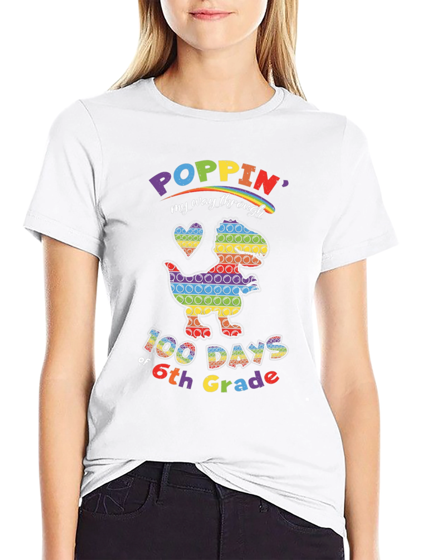 Poppin 100 Days of 6th Grade Rainbow Dinosaur T-Shirt