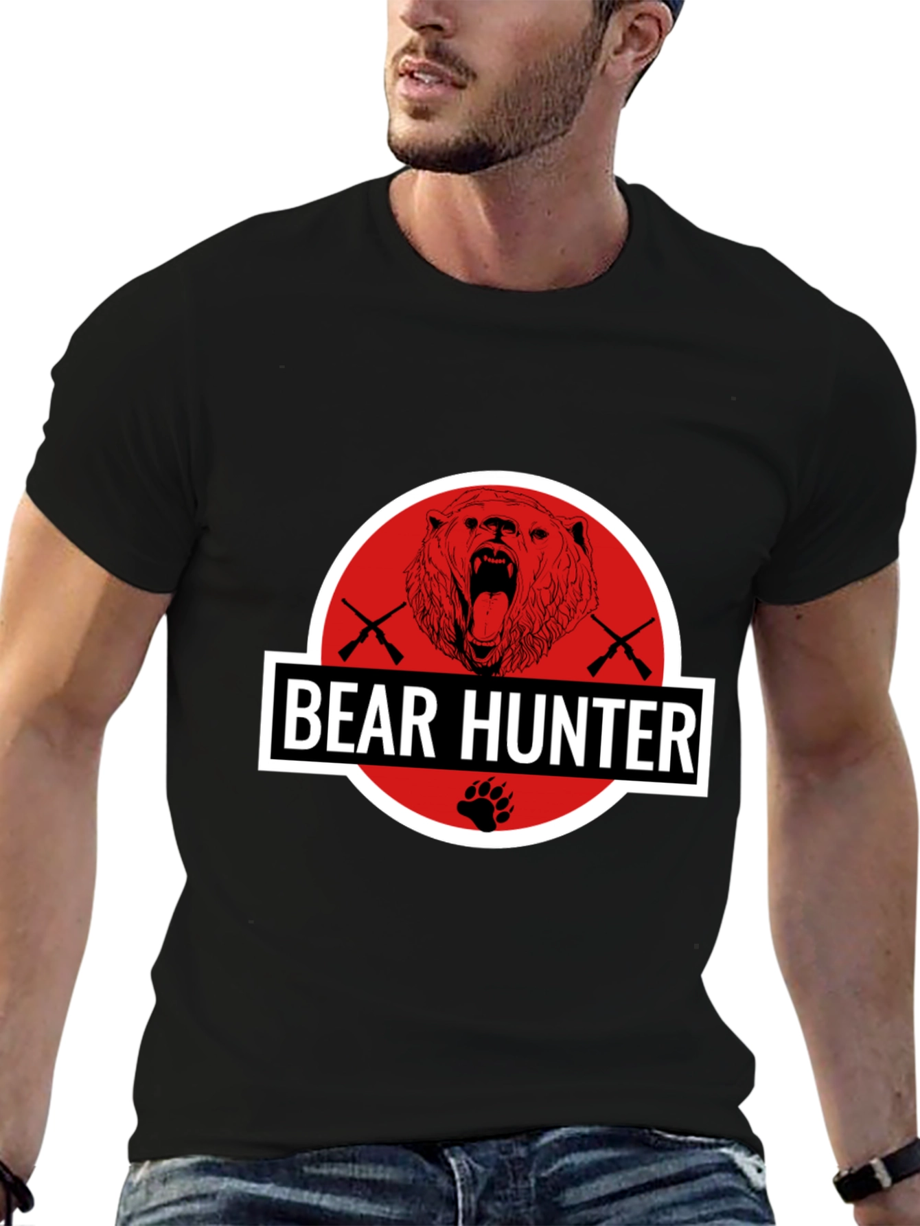 Bear Hunter Graphic Tee - Black Cotton Blend T-Shirt