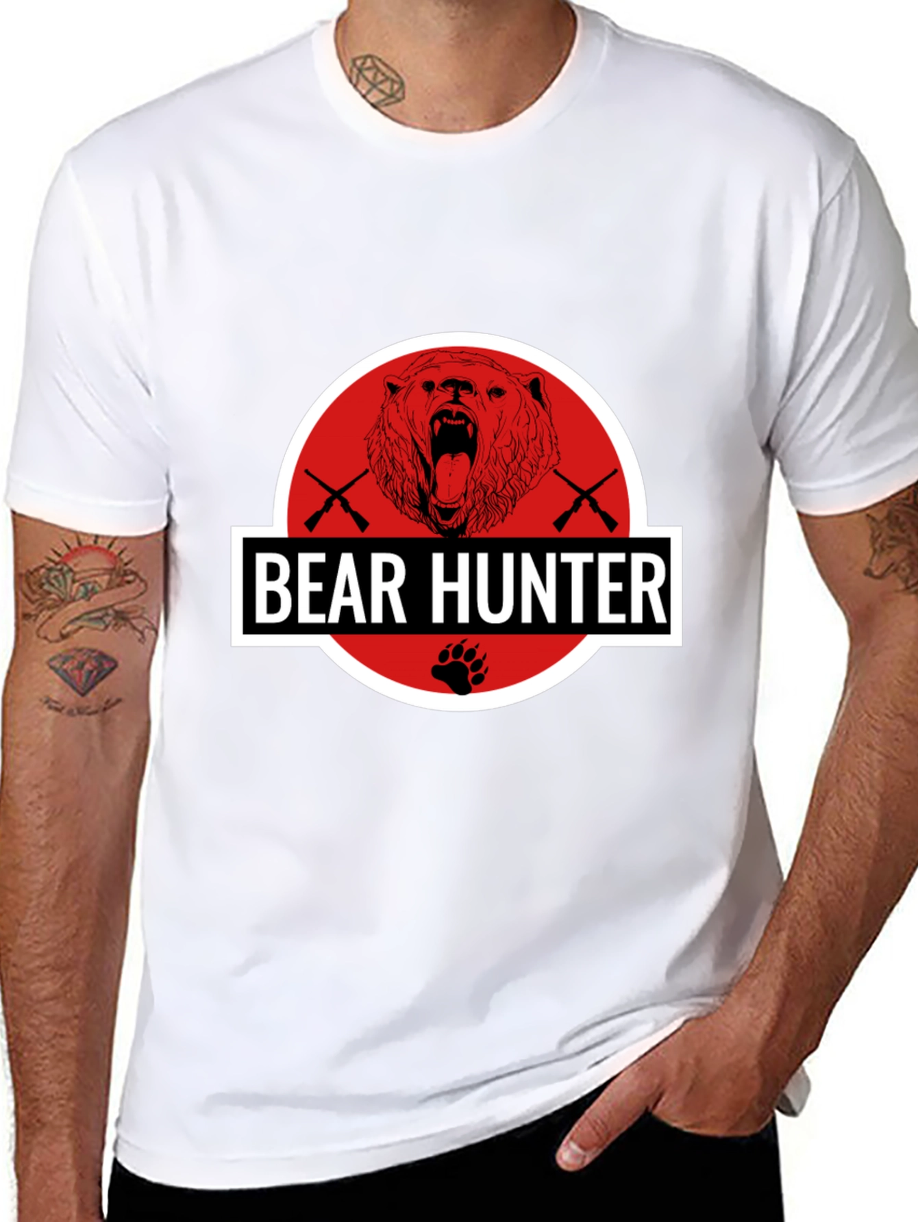 Bear Hunter Graphic Tee - Black Cotton Blend T-Shirt