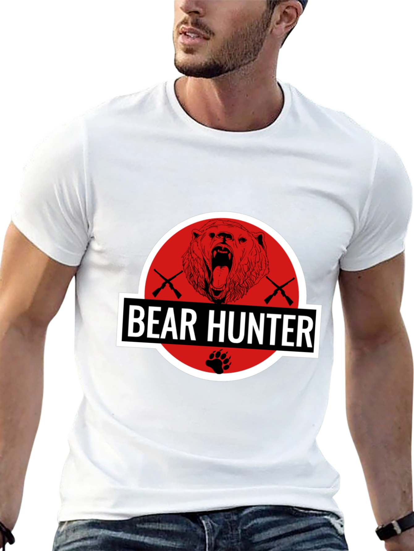 Bear Hunter Graphic Tee - Black Cotton Blend T-Shirt