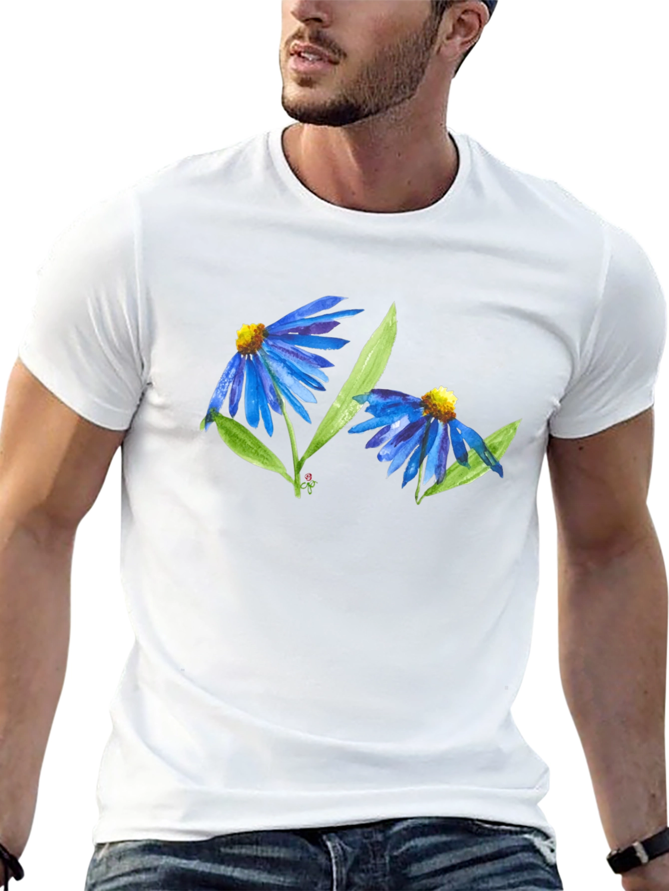 Blue Flower Graphic T-Shirt - Soft Cotton Blend