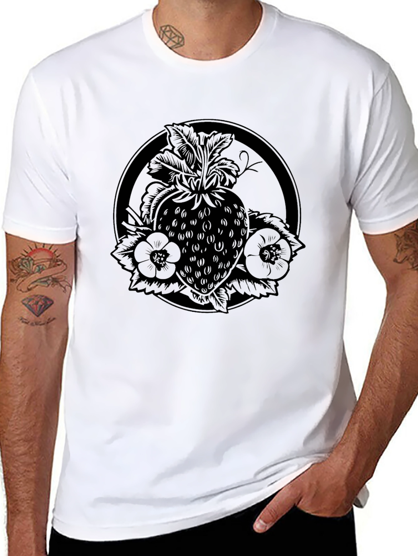 Strawberry Tattoo Style Black T-Shirt