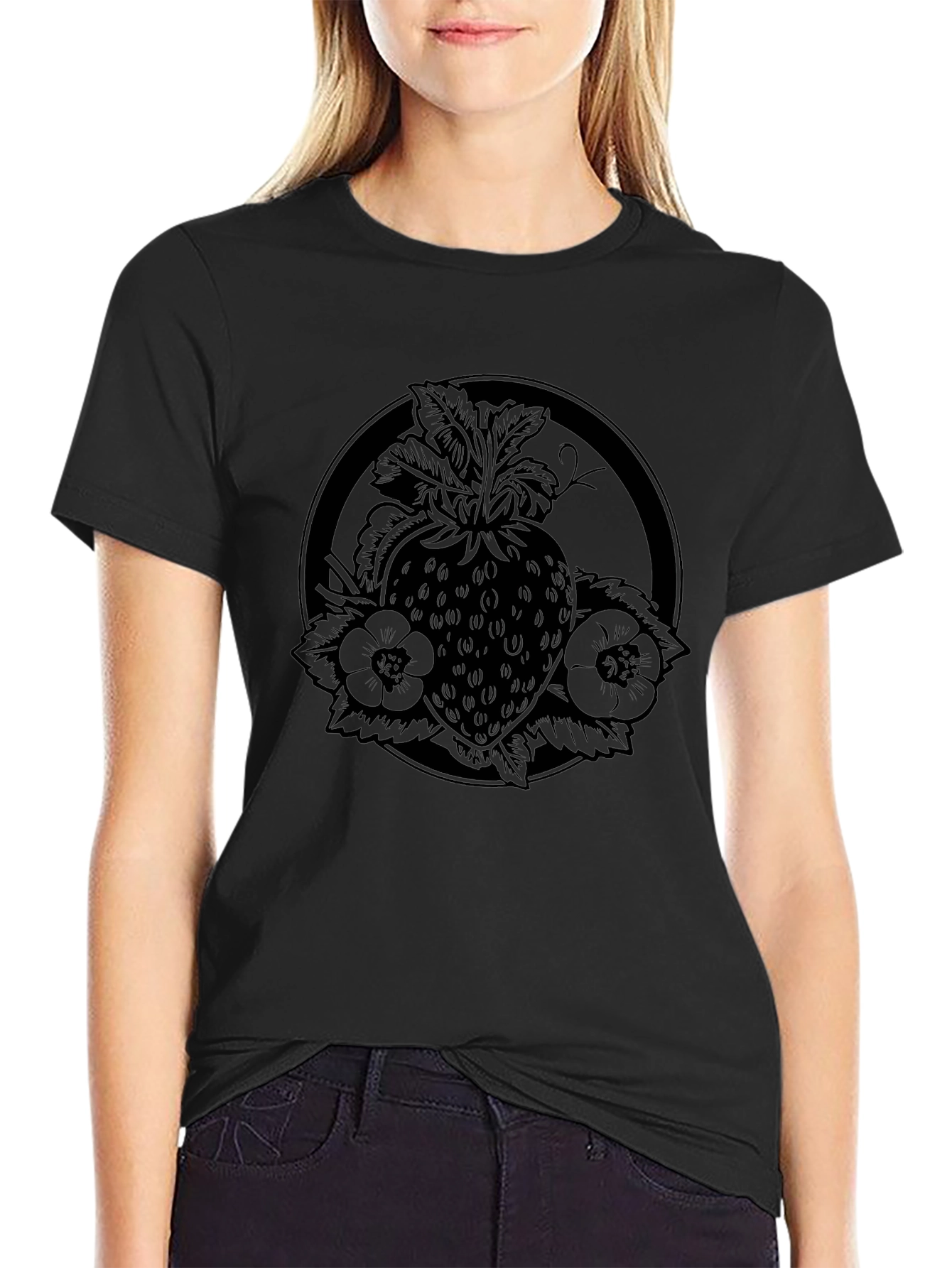 Strawberry Tattoo Style Black T-Shirt