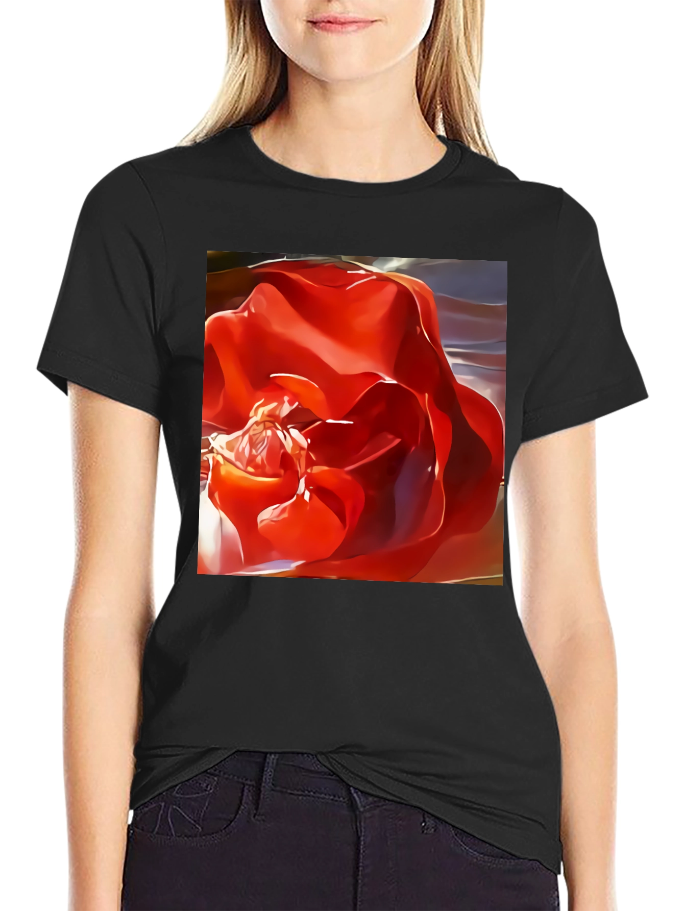 Red Rose Graphic Black T-Shirt