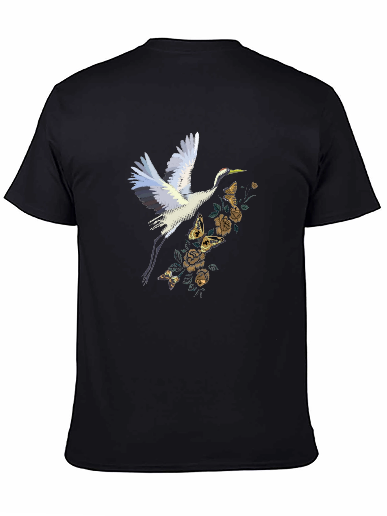 Crane and Floral Black T-Shirt