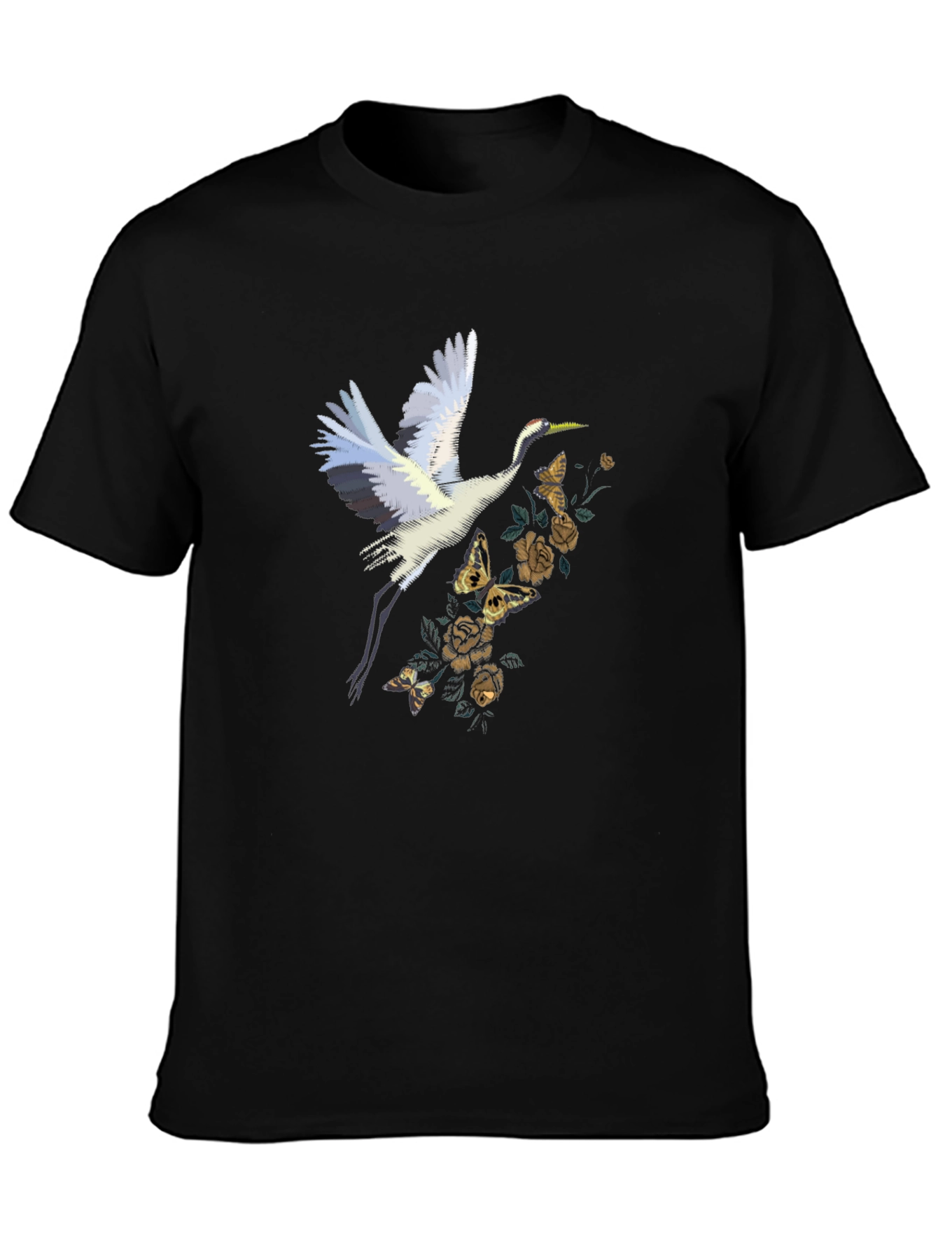 Crane and Floral Black T-Shirt