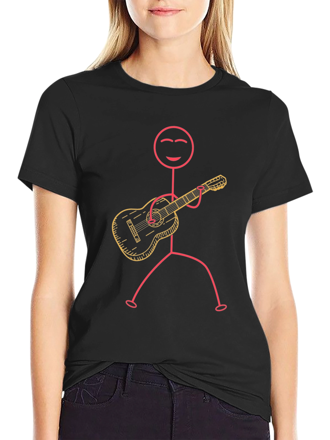 Stick Figure Guitarist Graphic Tee - Black Cotton T-Shirt