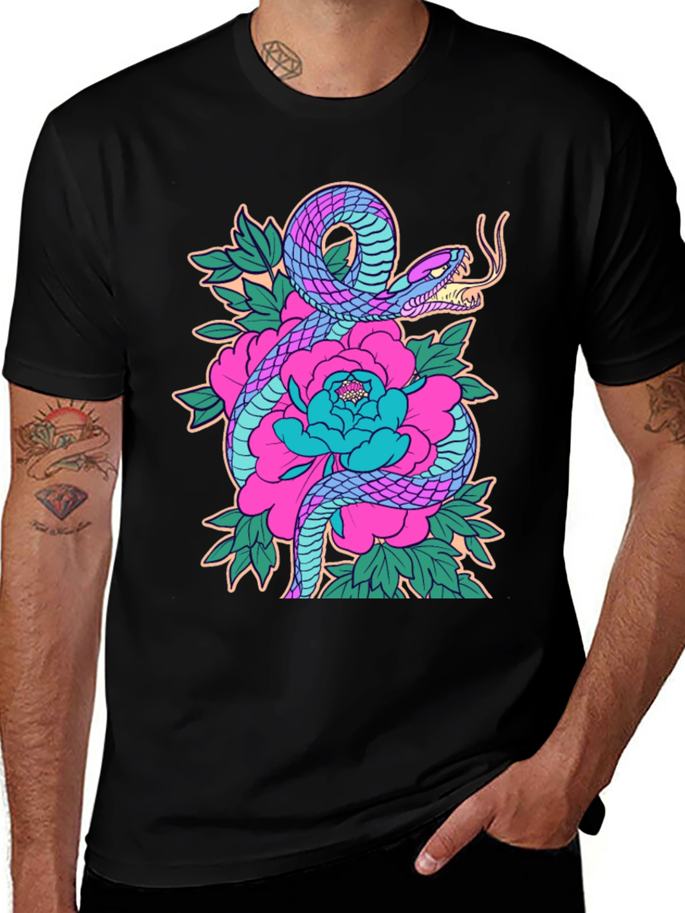 Snake and Floral Graphic Print Tee