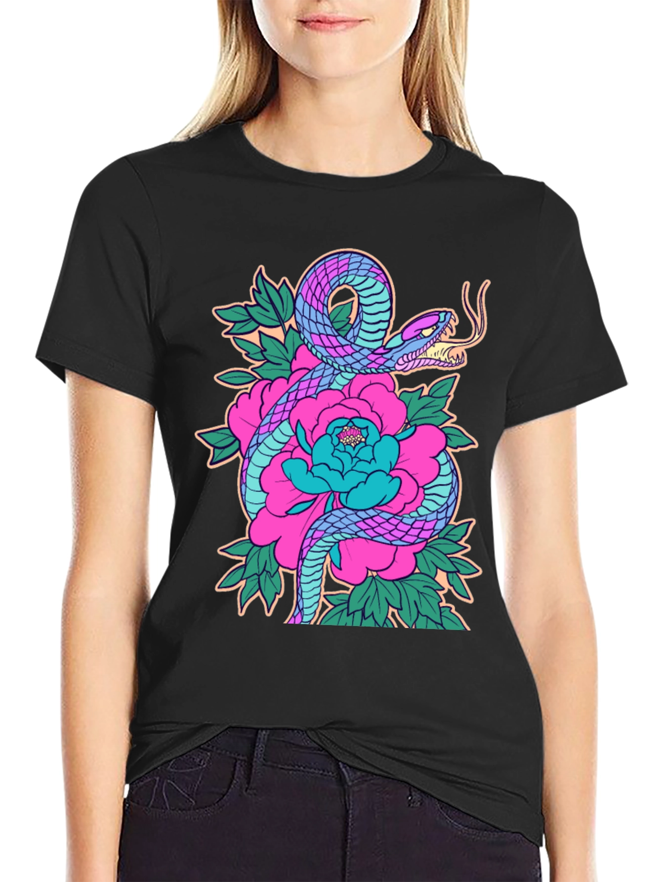 Snake and Floral Graphic Print Tee