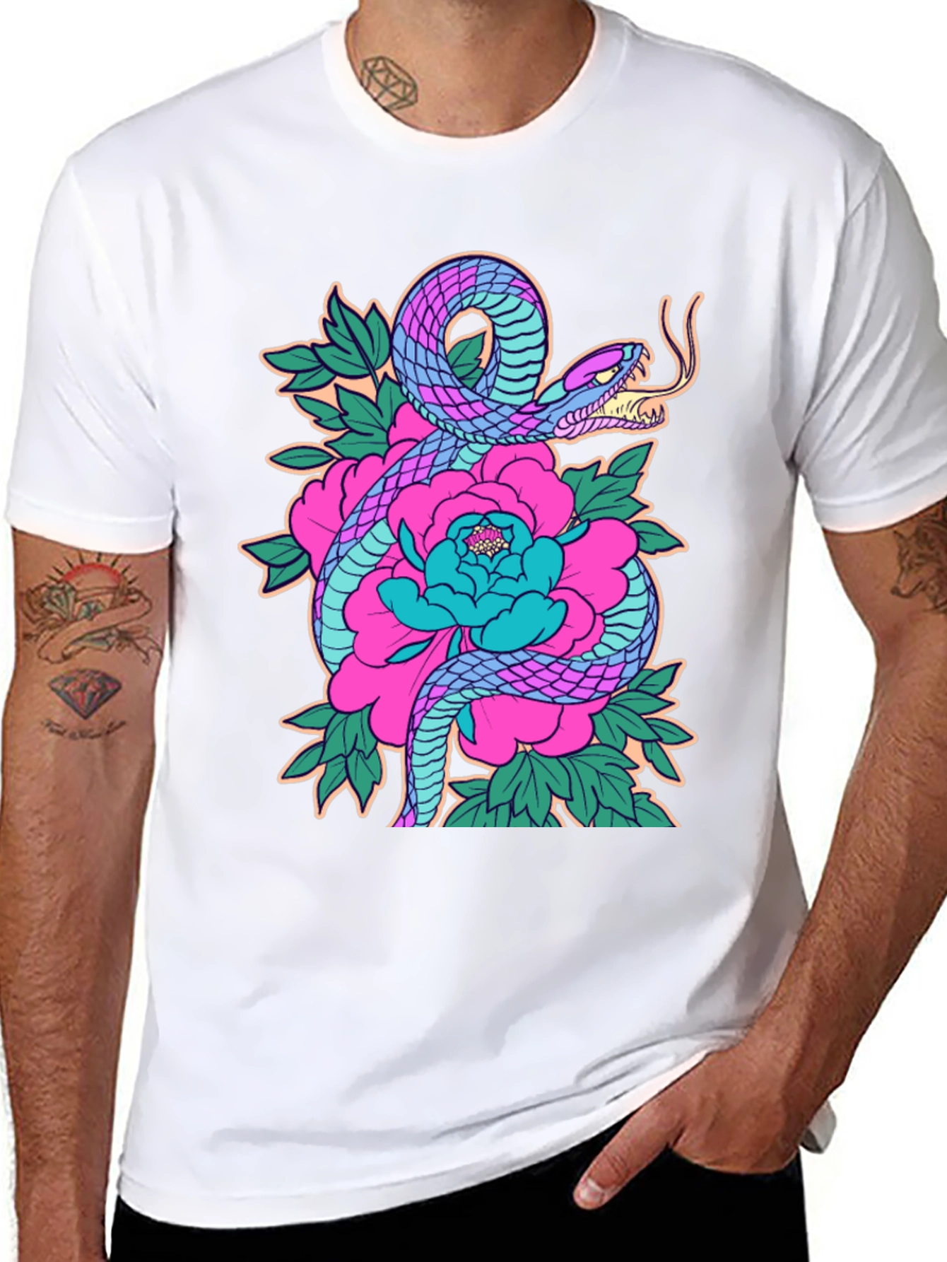 Snake and Floral Graphic Print Tee
