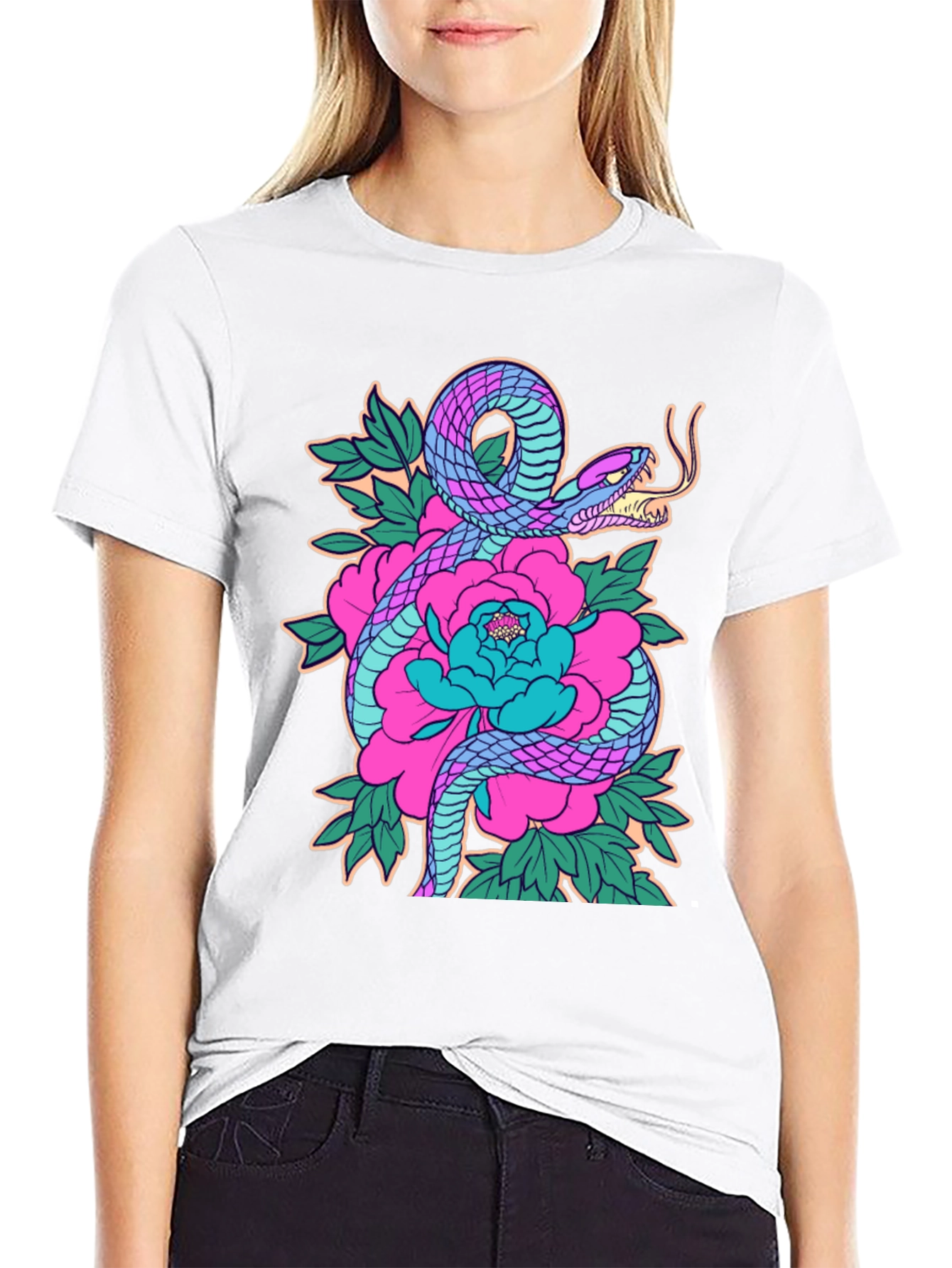 Snake and Floral Graphic Print Tee