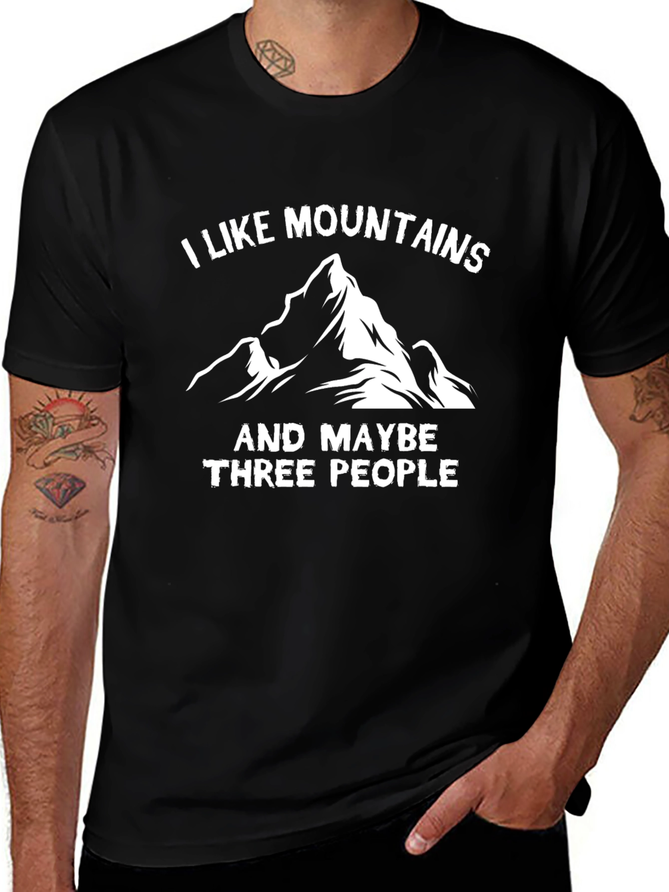 I Like Mountains and Maybe Three People Black T-Shirt