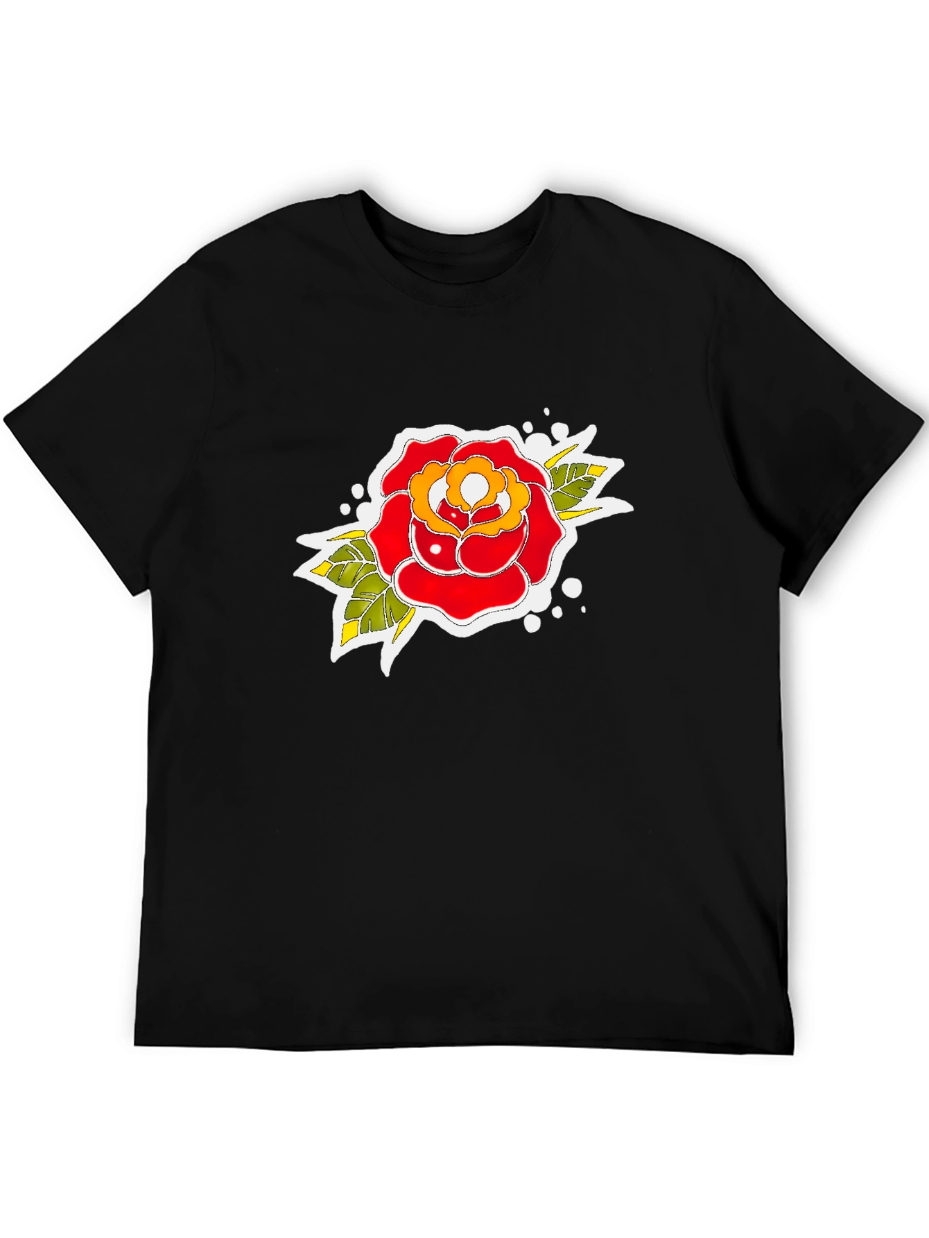 Black Tee with Traditional Rose Tattoo Design