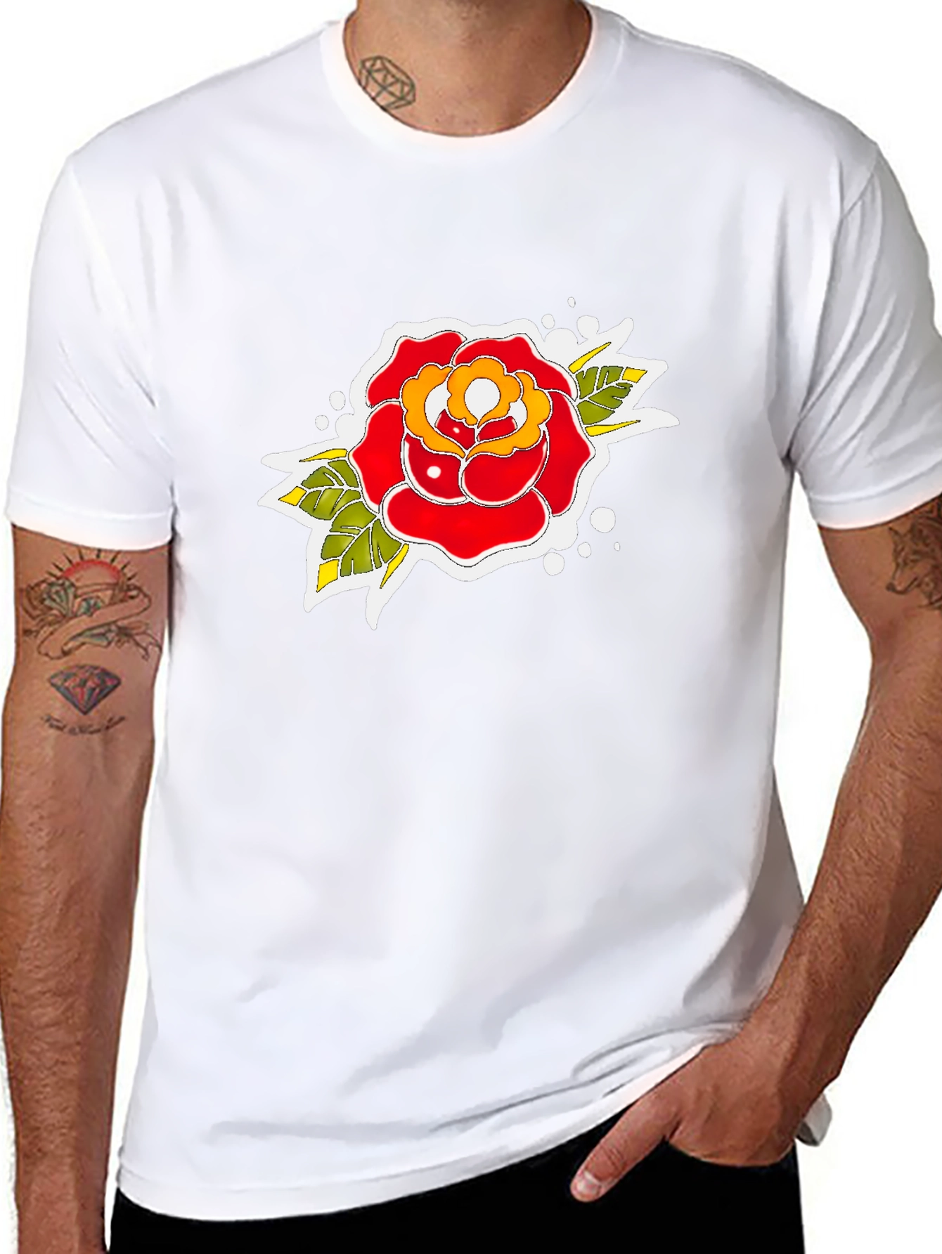 Black Tee with Traditional Rose Tattoo Design