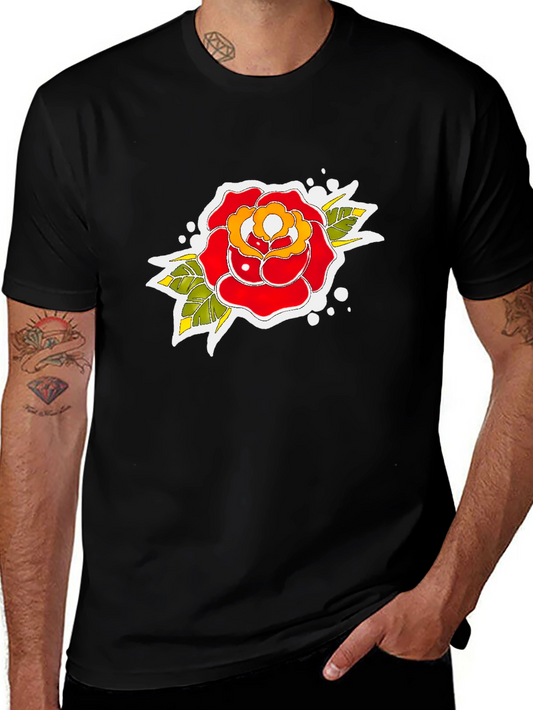 Black Tee with Traditional Rose Tattoo Design