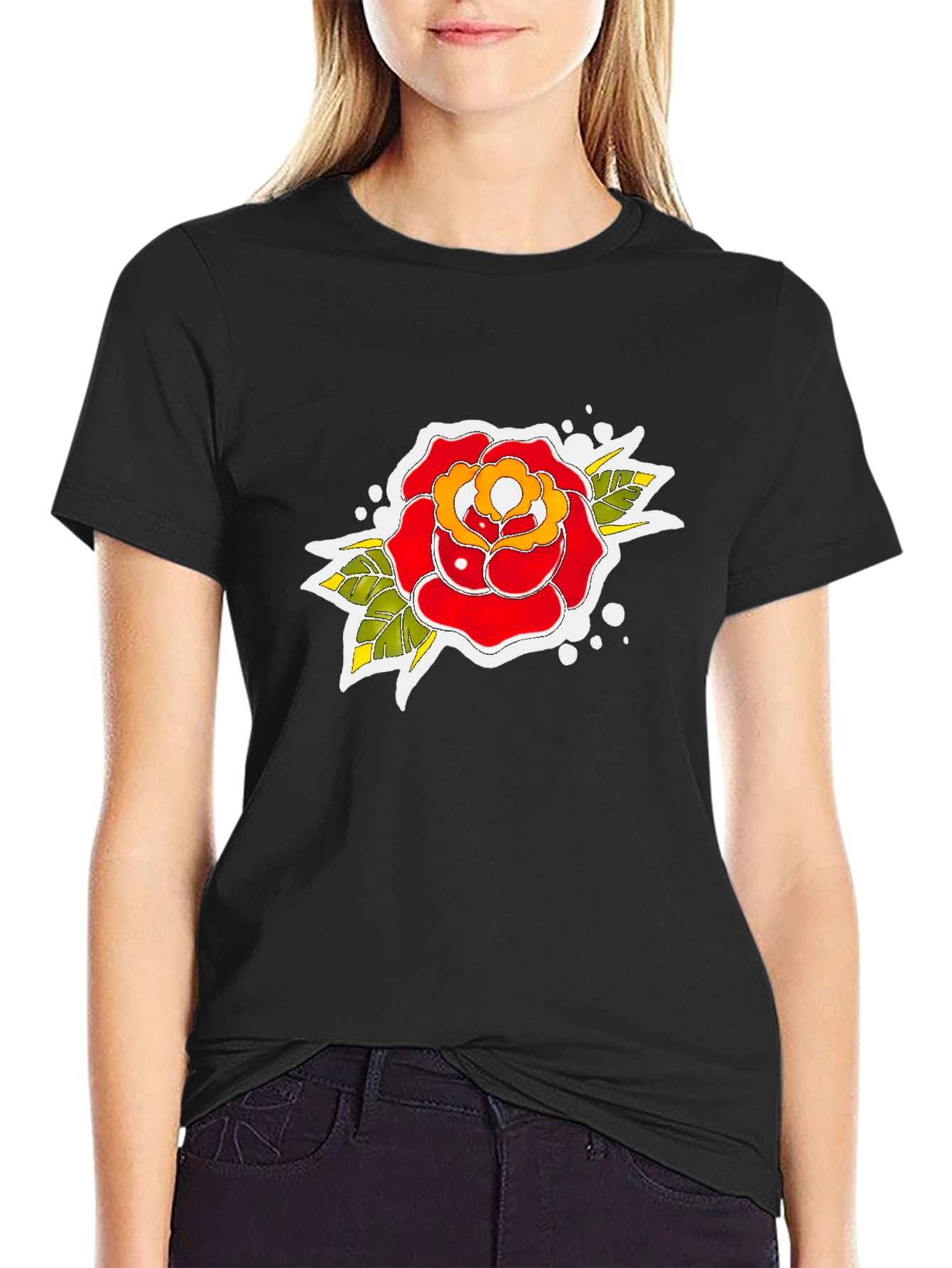 Black Tee with Traditional Rose Tattoo Design