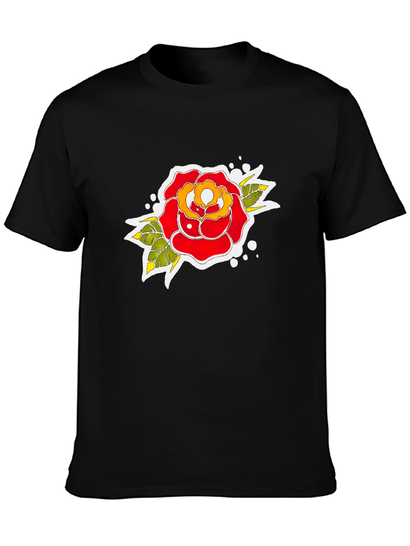 Black Tee with Traditional Rose Tattoo Design