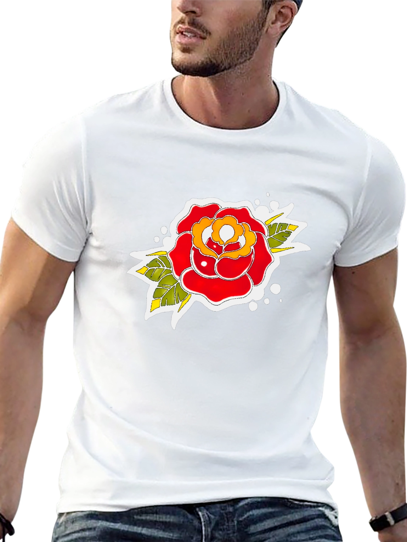 Black Tee with Traditional Rose Tattoo Design