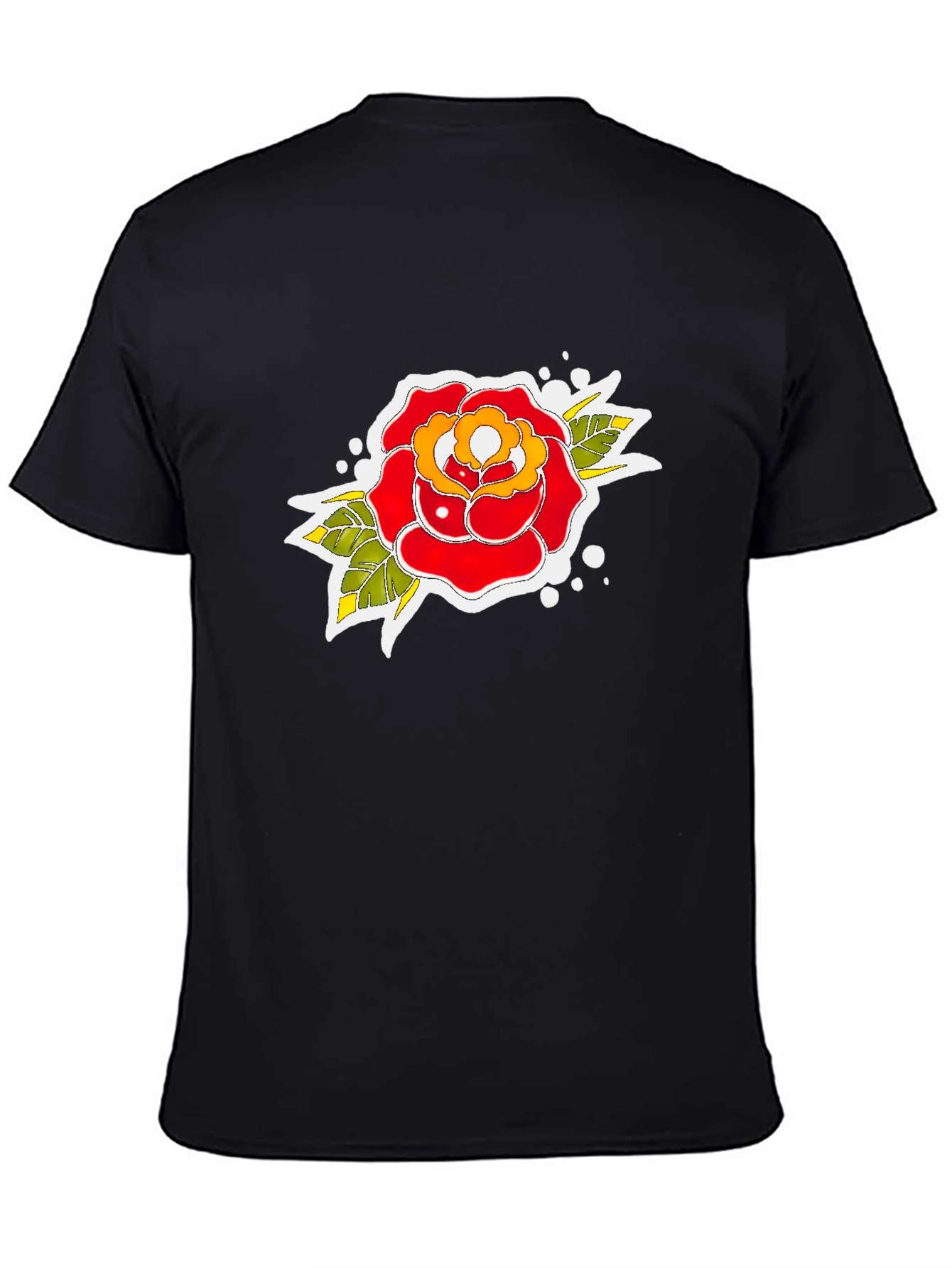 Black Tee with Traditional Rose Tattoo Design