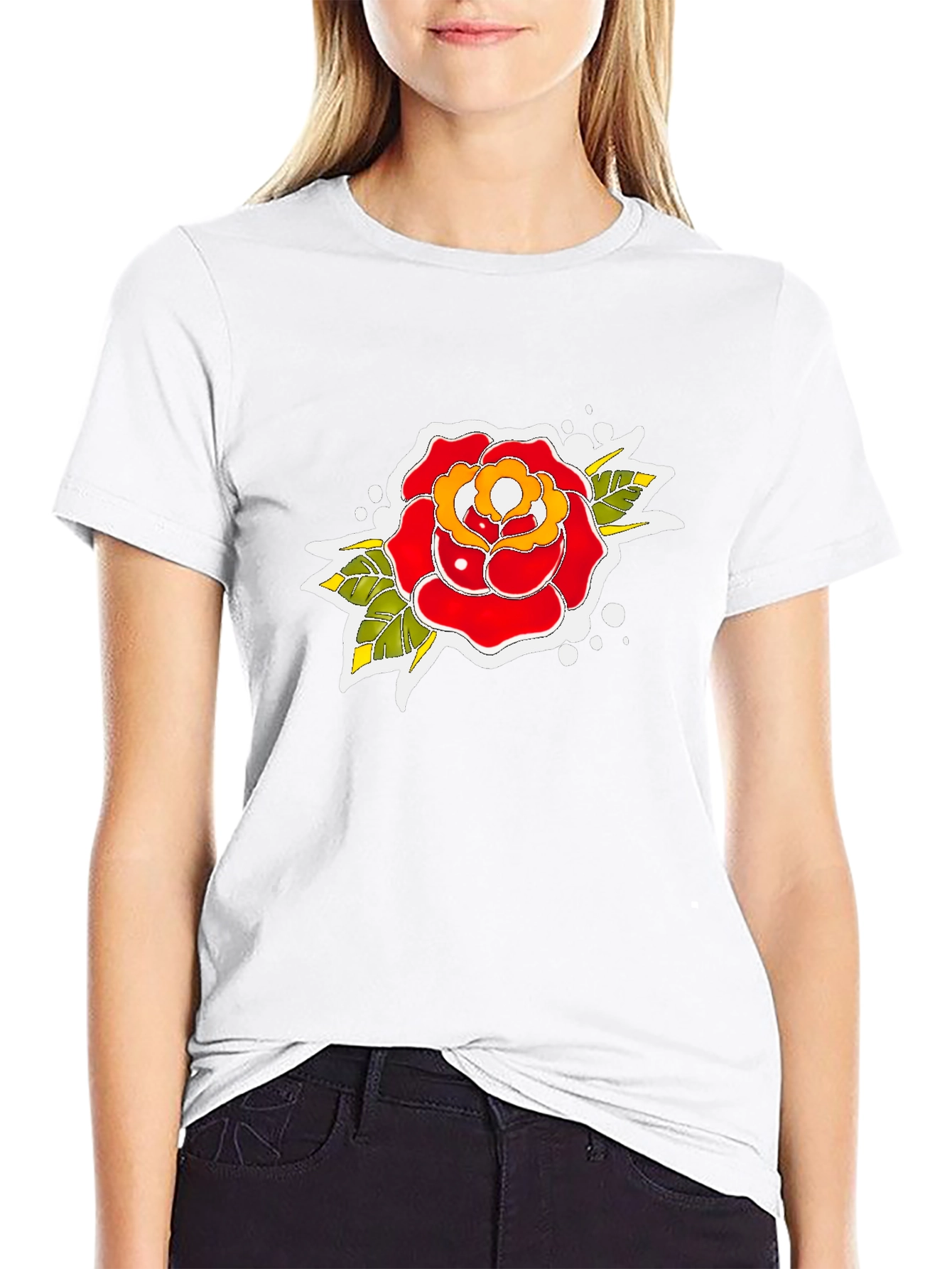 Black Tee with Traditional Rose Tattoo Design