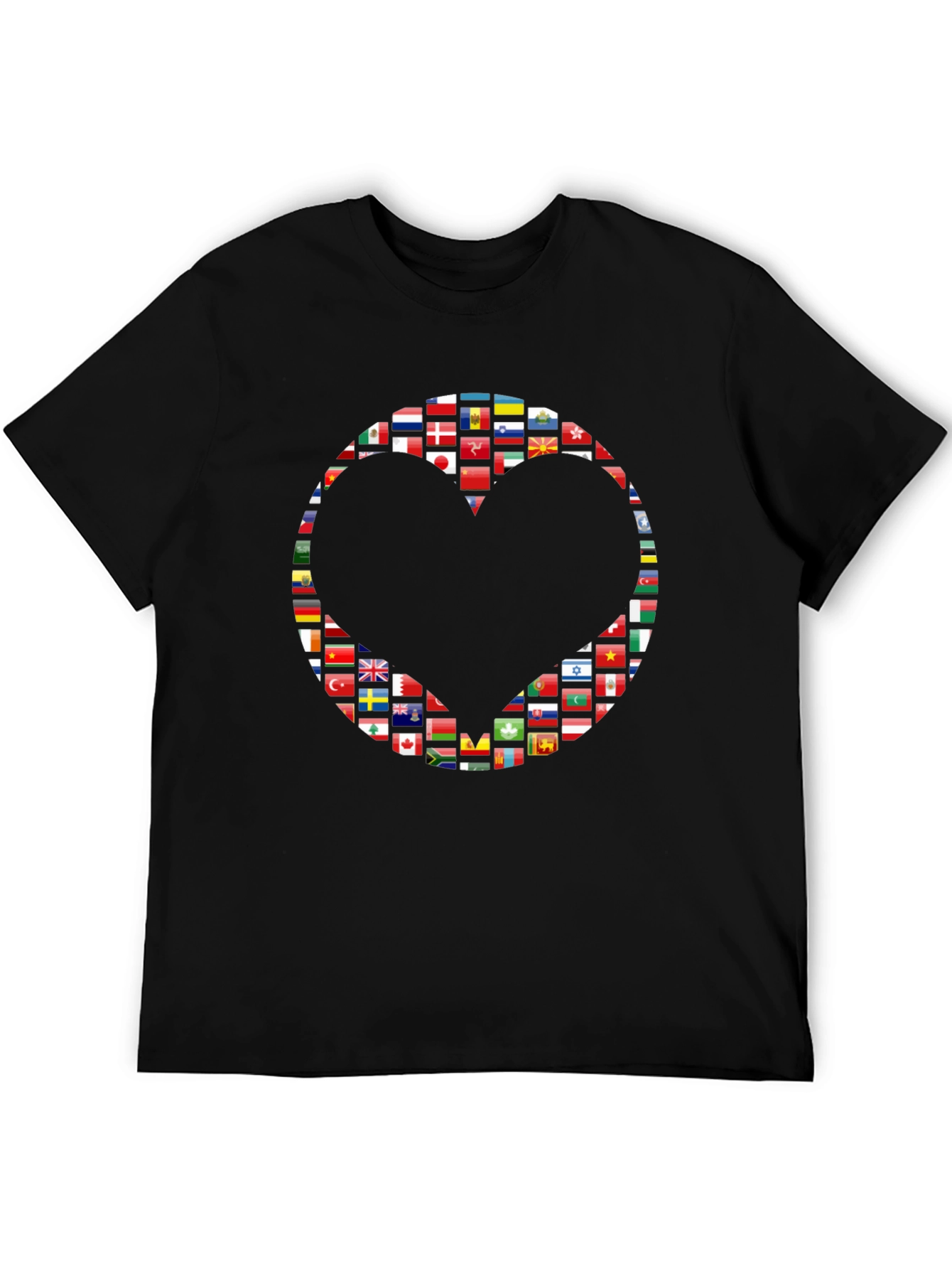 World Flags Heart Graphic Black T-Shirt