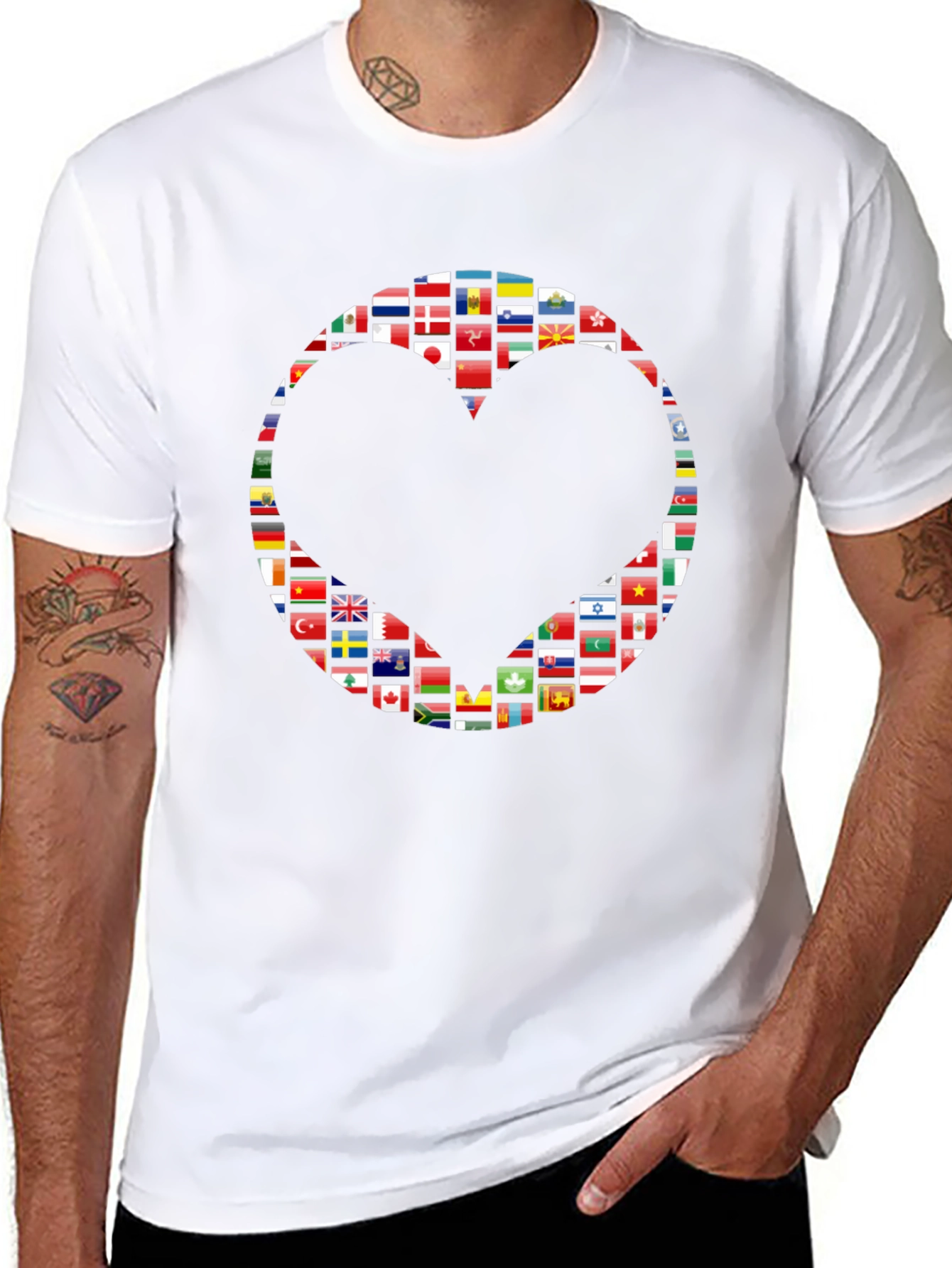 World Flags Heart Graphic Black T-Shirt