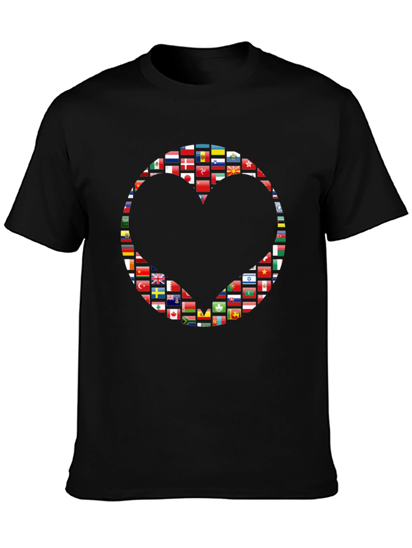 World Flags Heart Graphic Black T-Shirt