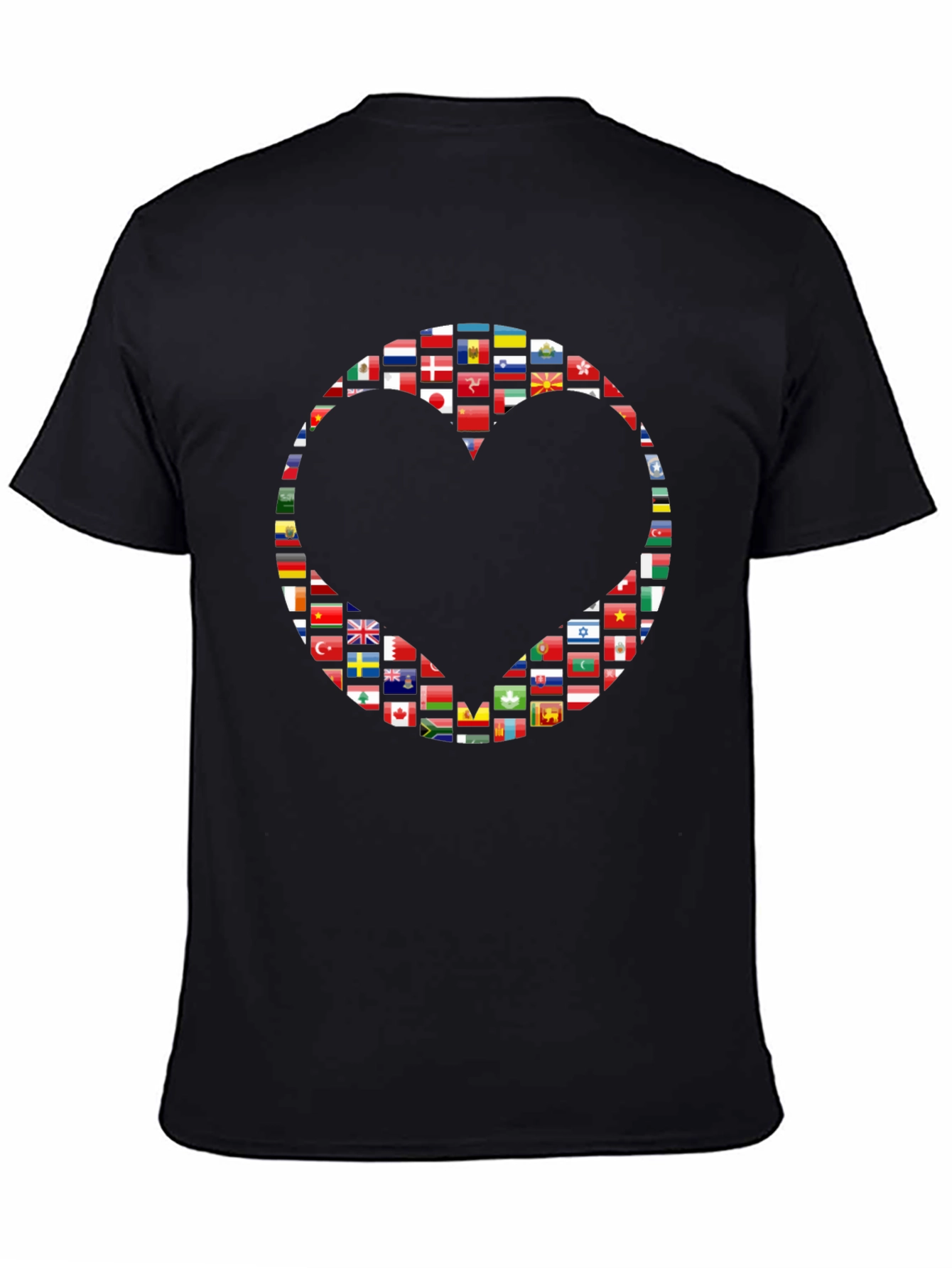 World Flags Heart Graphic Black T-Shirt