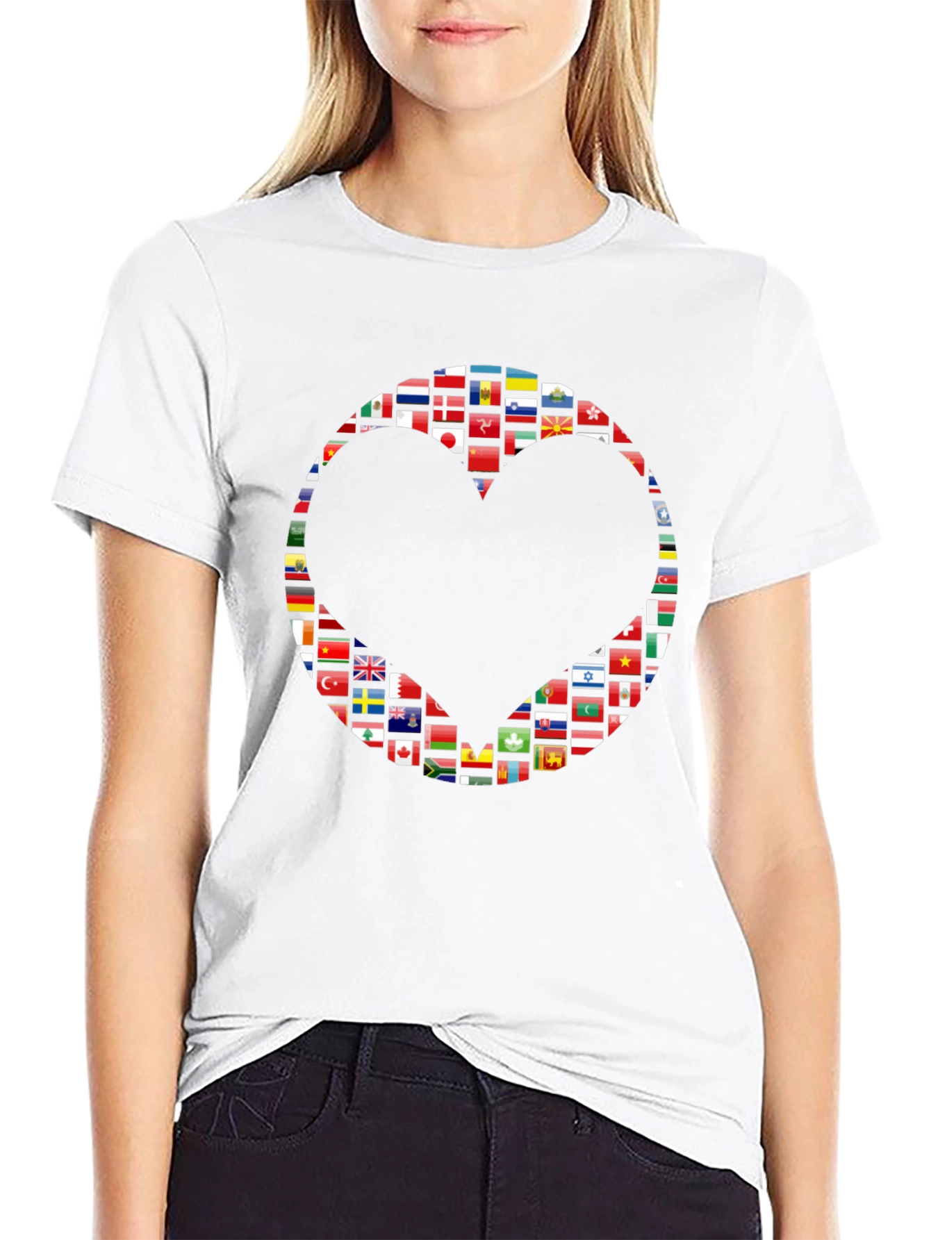 World Flags Heart Graphic Black T-Shirt