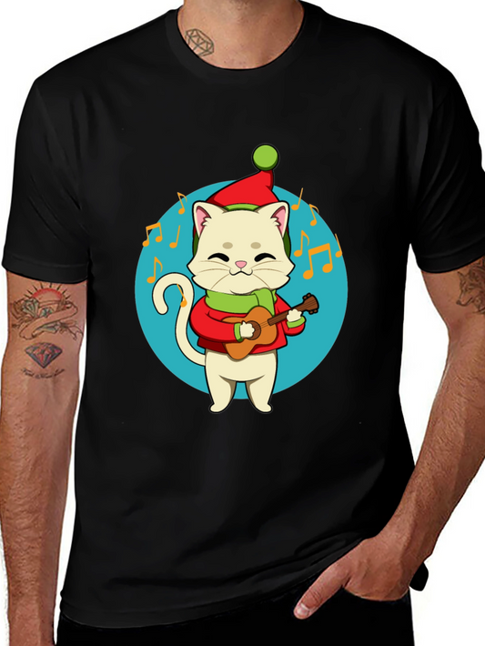 Festive Cat Guitarist Graphic Tee - Holiday Cheer!