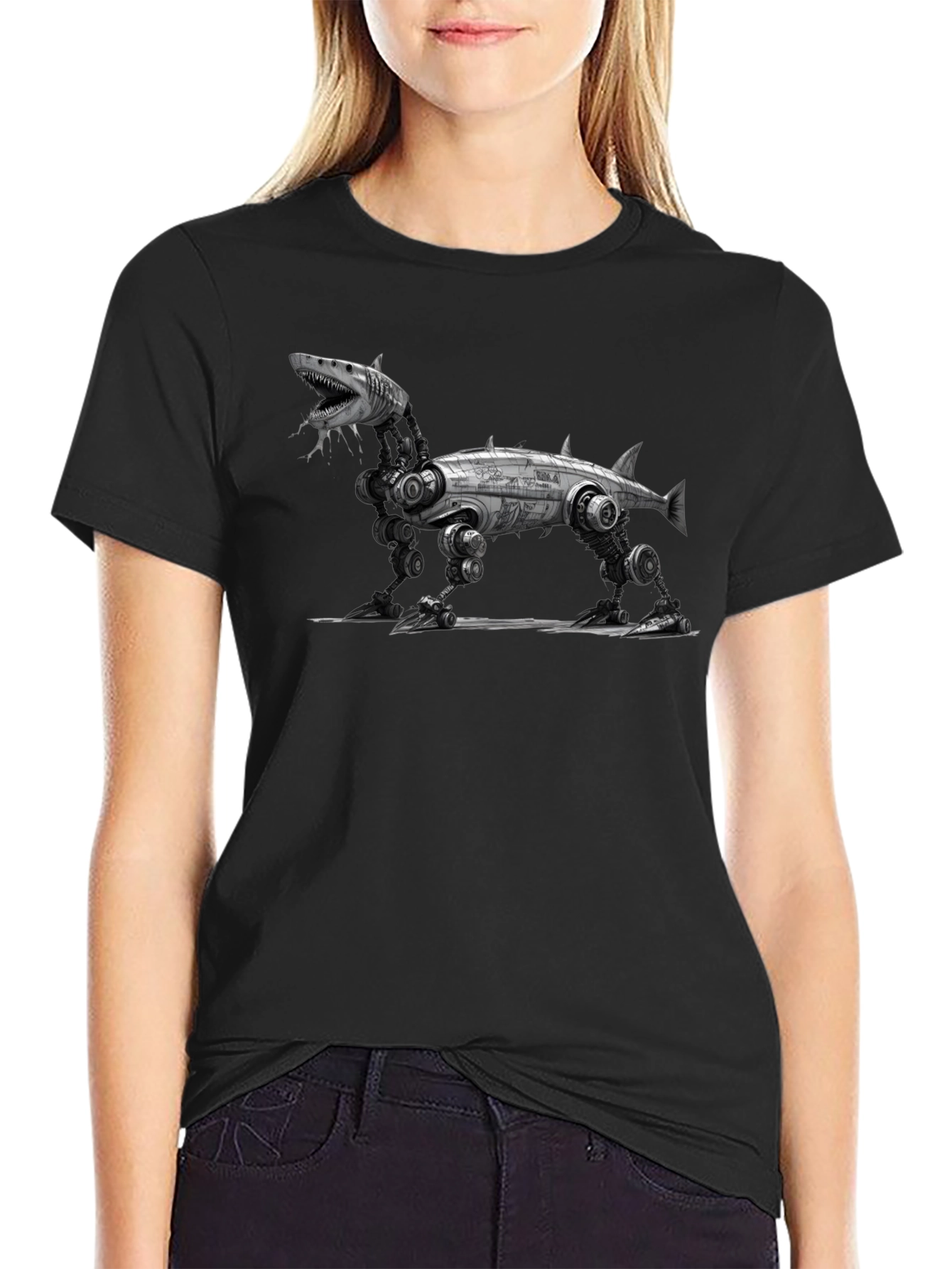Mechanical Shark T-Shirt - Black Cotton Graphic Tee