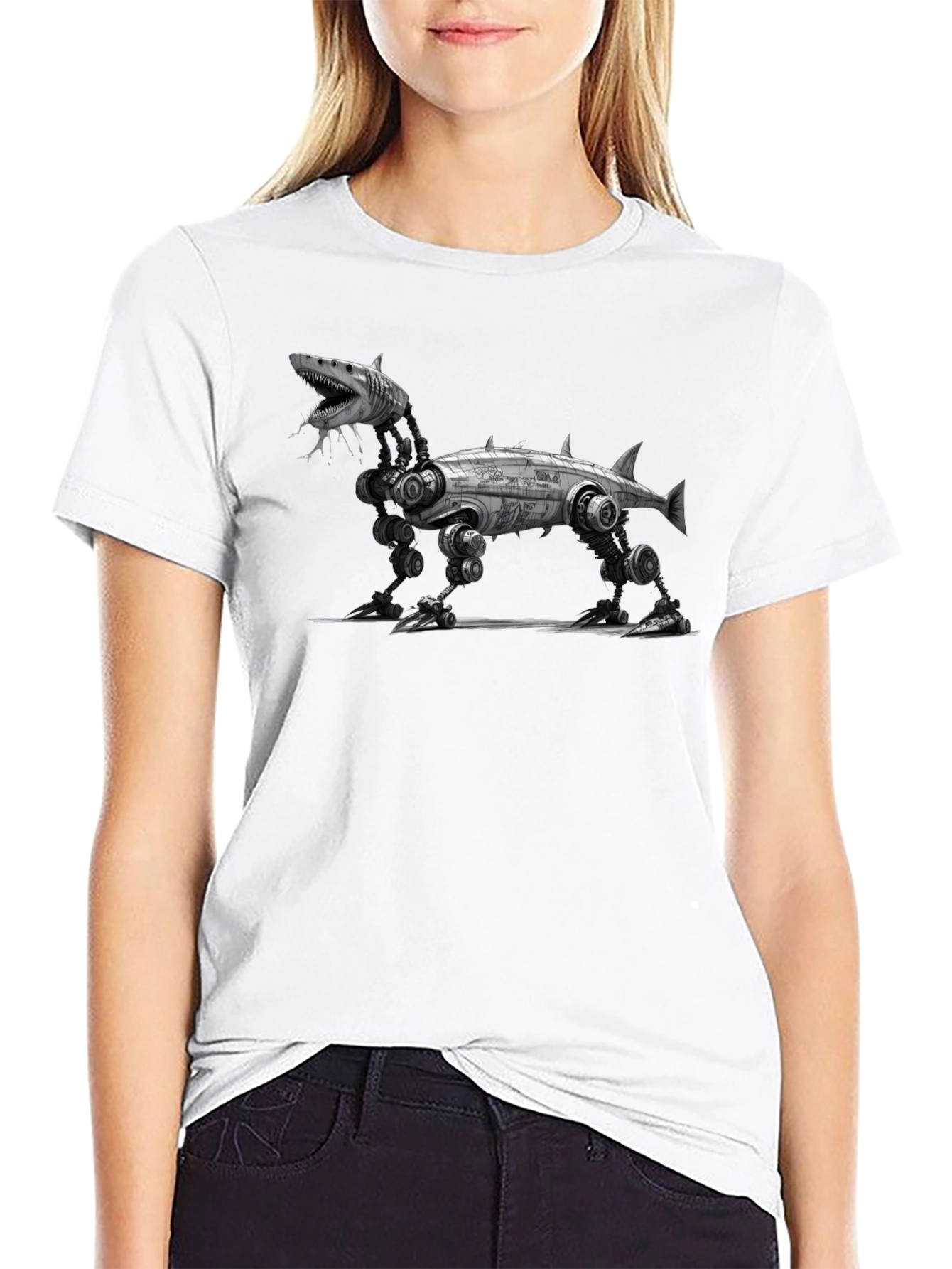 Mechanical Shark T-Shirt - Black Cotton Graphic Tee