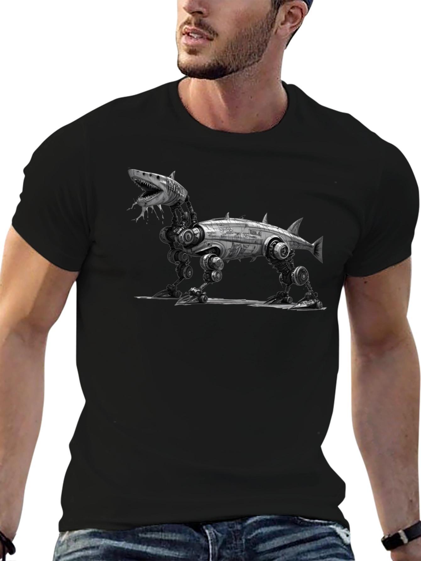 Mechanical Shark T-Shirt - Black Cotton Graphic Tee