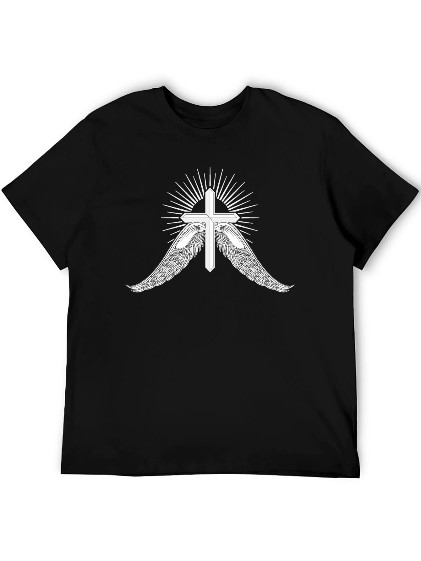 Mens Black T-Shirt with Cross and Wings Graphic