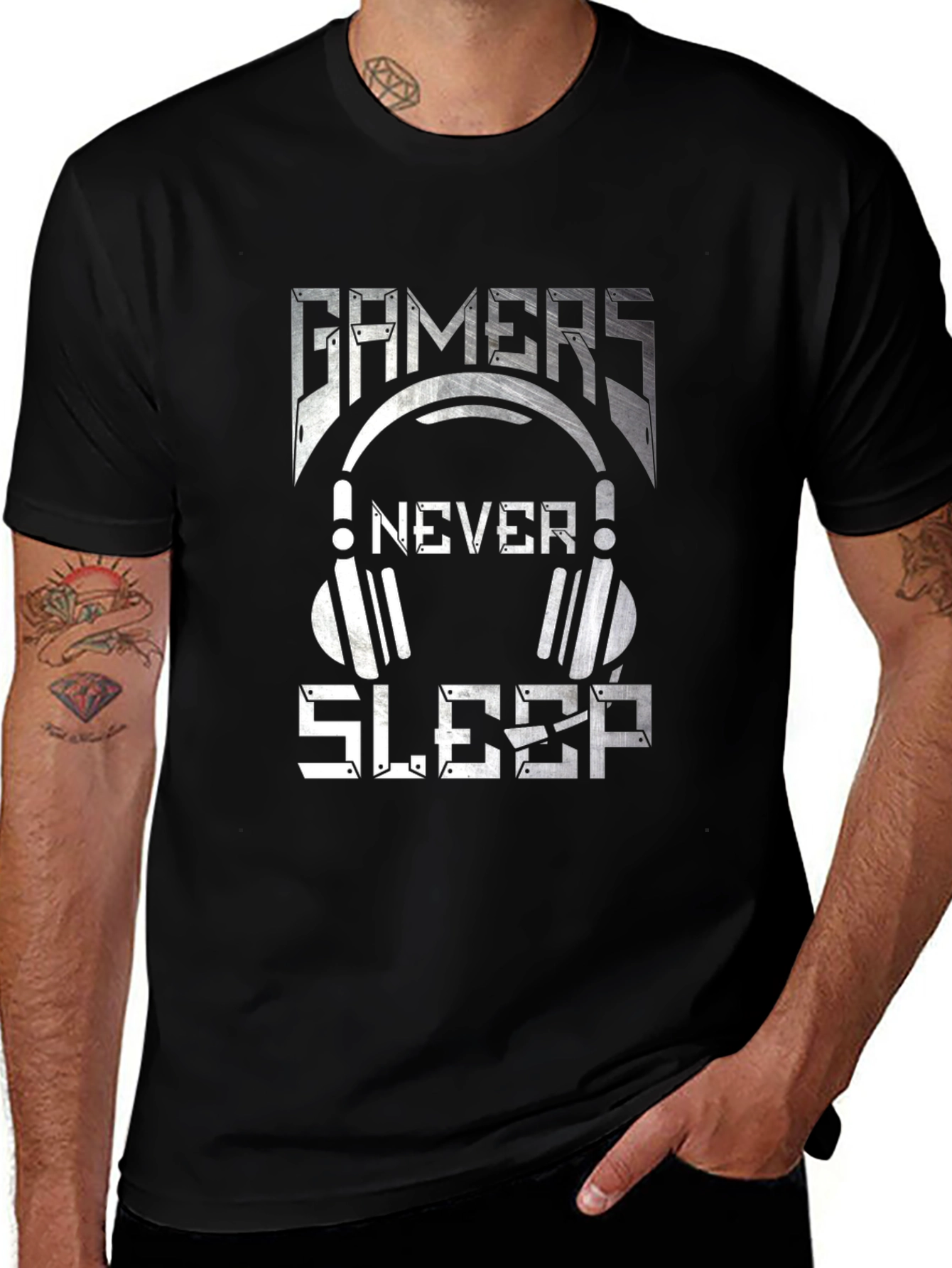 Gamers Never Sleep Graphic Tee - Black Cotton T-Shirt