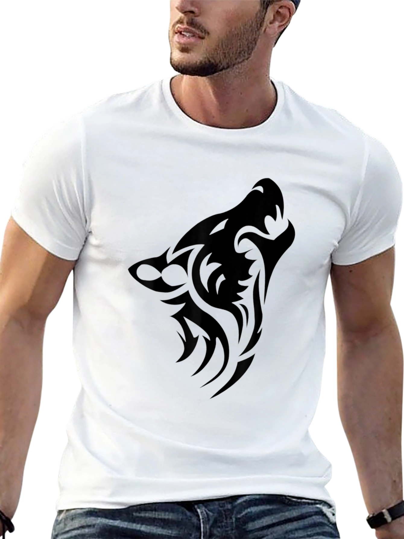Black Tribal Wolf Head T-Shirt