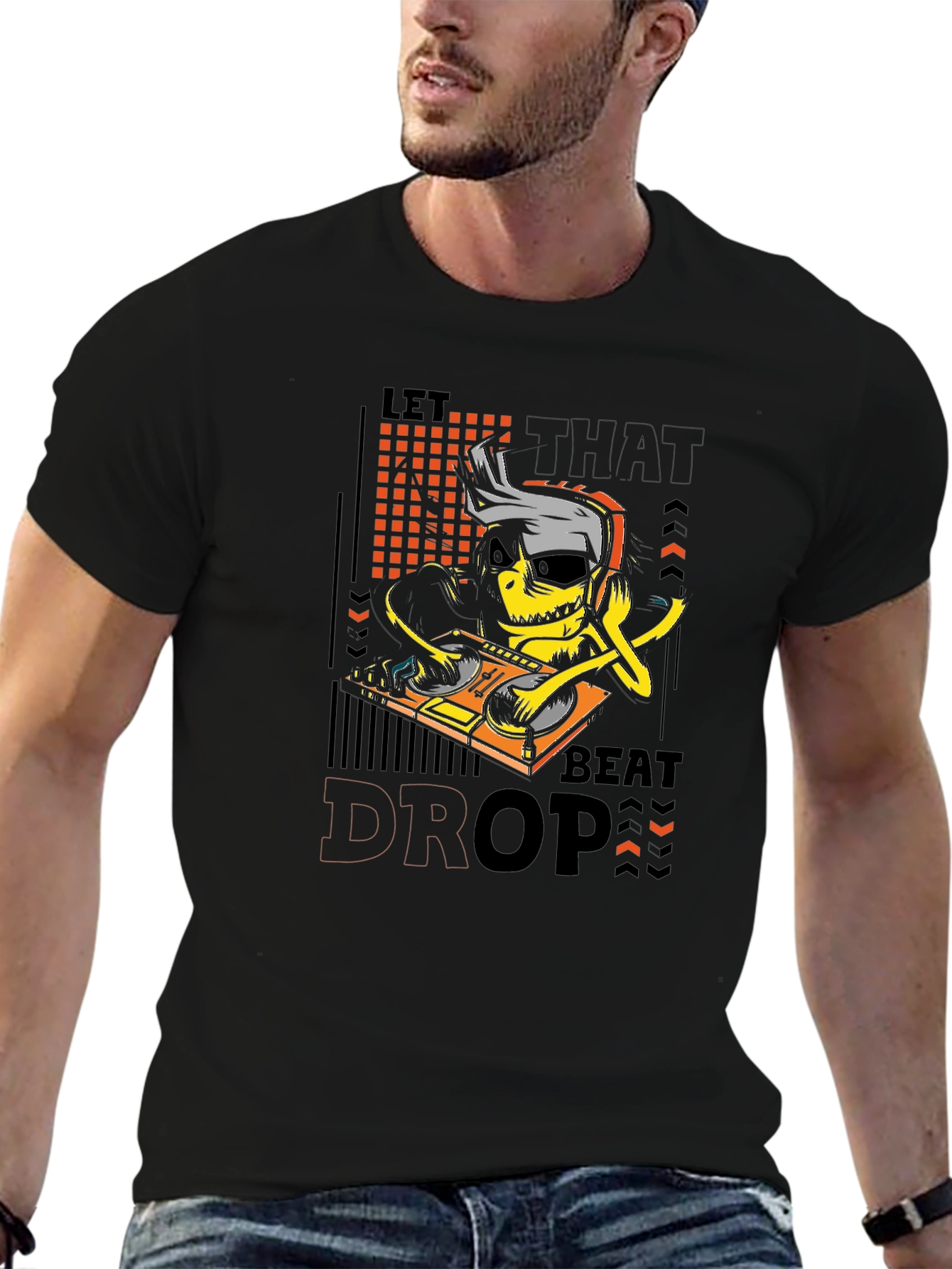 DJ Skeleton Let That Beat Drop Black Graphic Tee