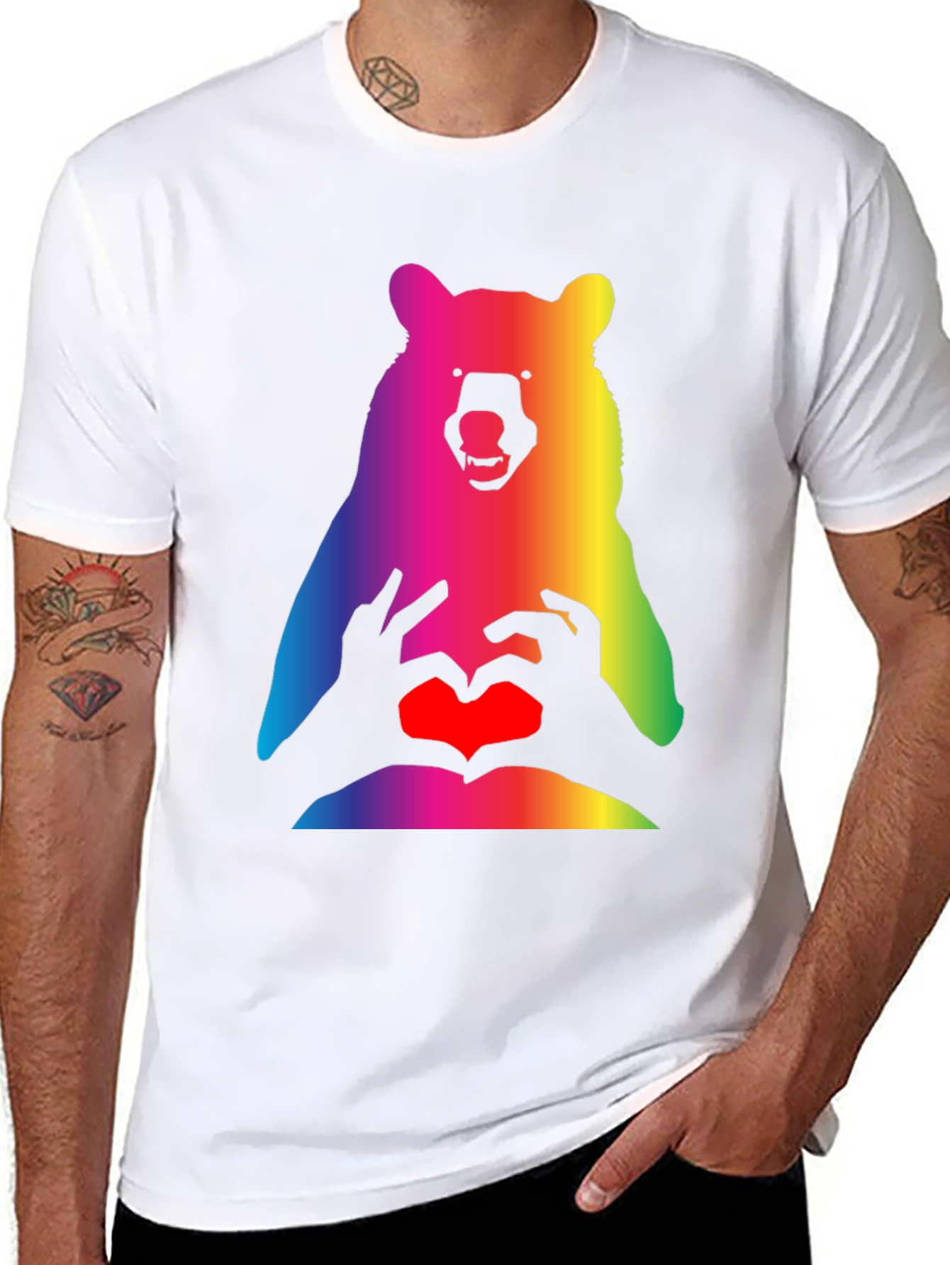 Rainbow Bear Heart Hands Graphic T-Shirt
