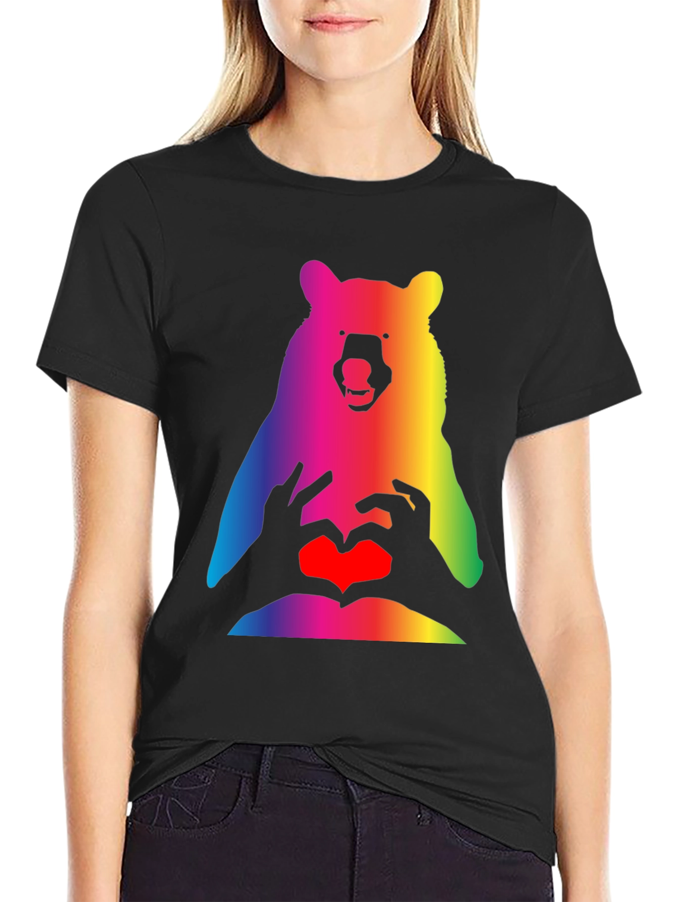 Rainbow Bear Heart Hands Graphic T-Shirt