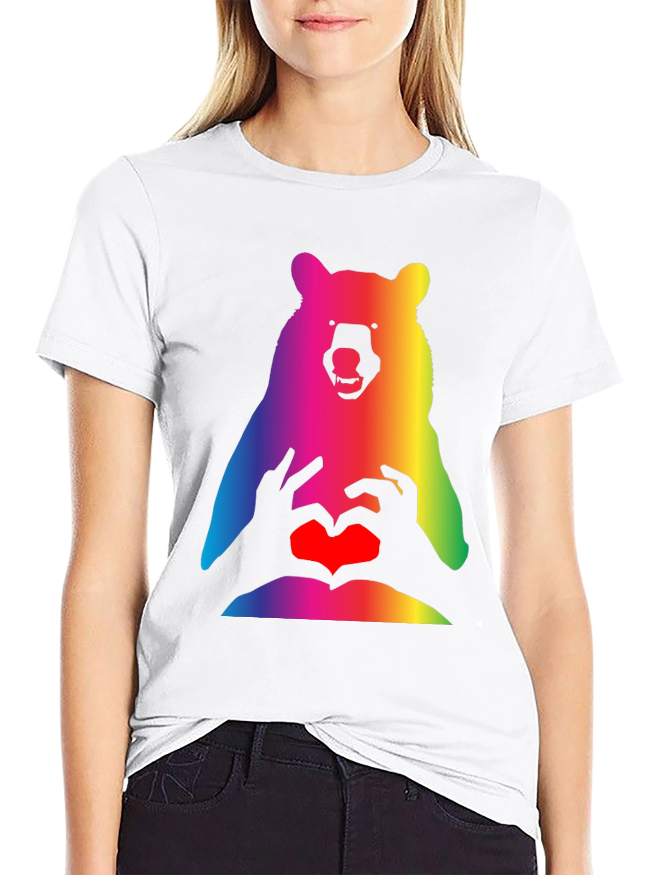 Rainbow Bear Heart Hands Graphic T-Shirt