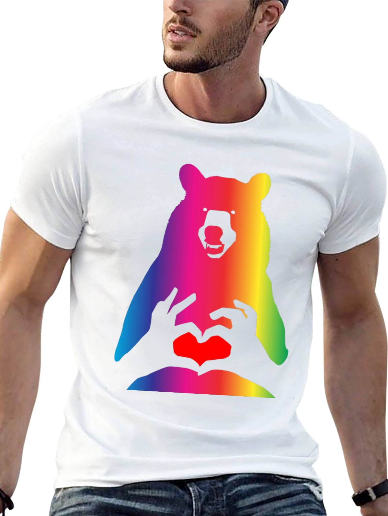 Rainbow Bear Heart Hands Graphic T-Shirt