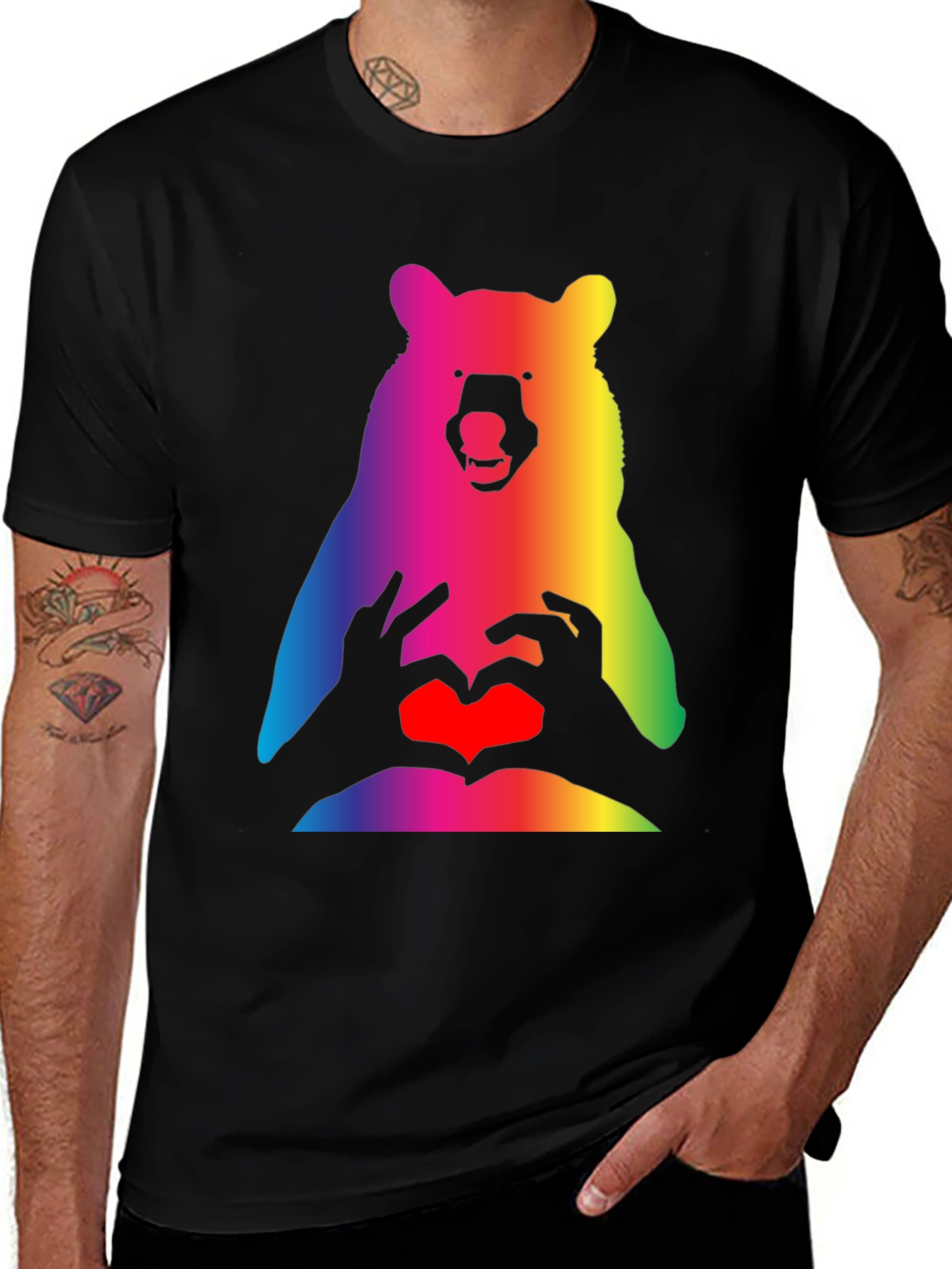 Rainbow Bear Heart Hands Graphic T-Shirt