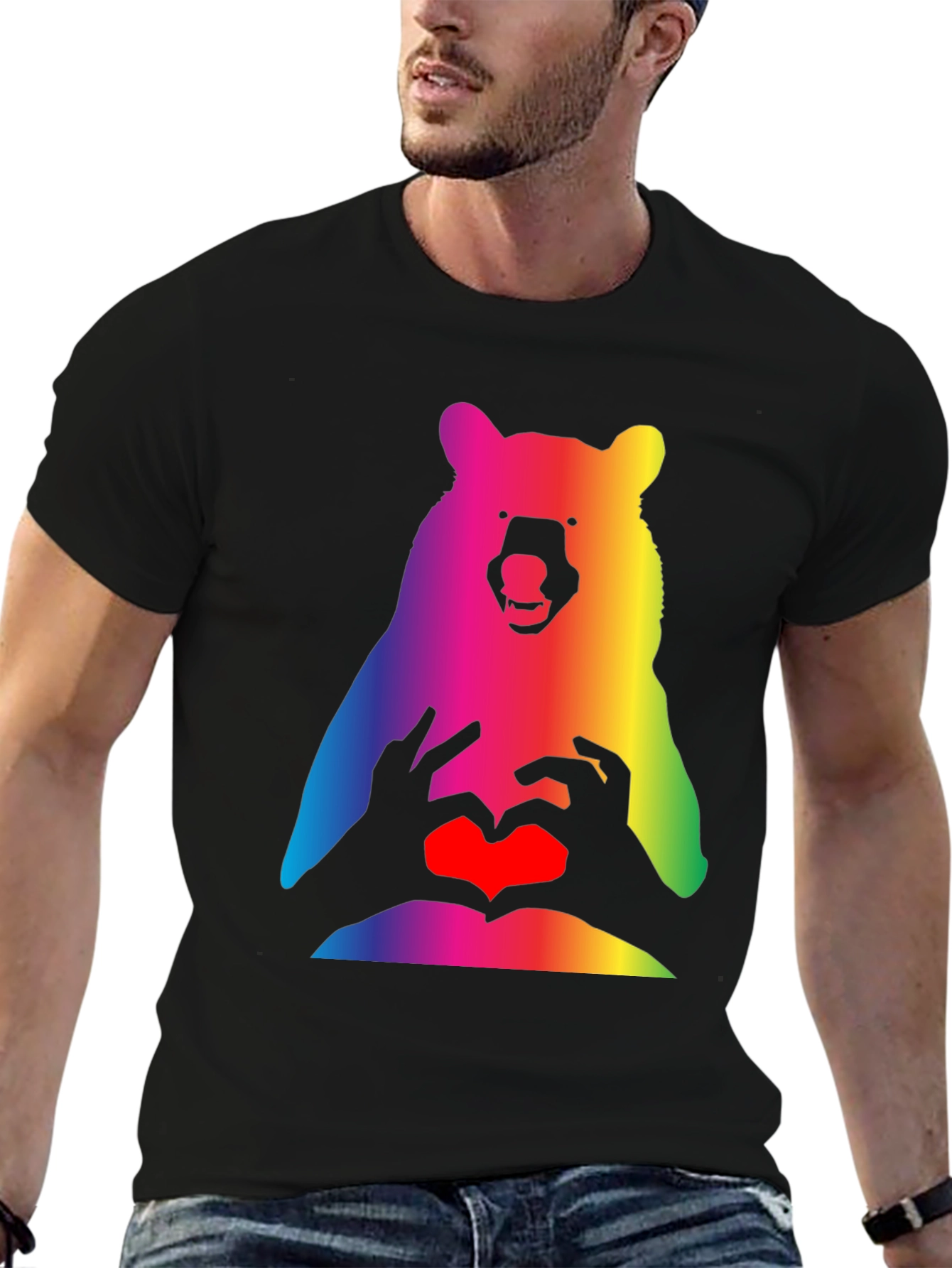 Rainbow Bear Heart Hands Graphic T-Shirt